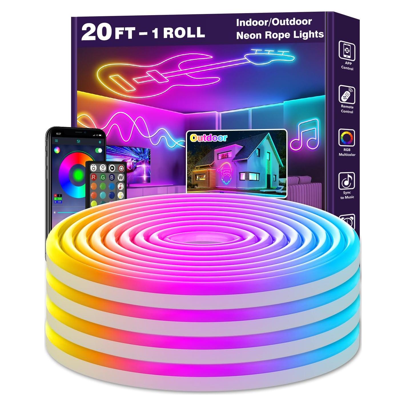 20Ft Neon Rope Lights,Flexible Led Rope Lights Control with App/Remote,Multiple Modes Rope Lights,IP65 Outdoor RGB Led Neon Lights Waterproof,Music Sync Gaming Led Neon Light Strip for Bedroom Decor