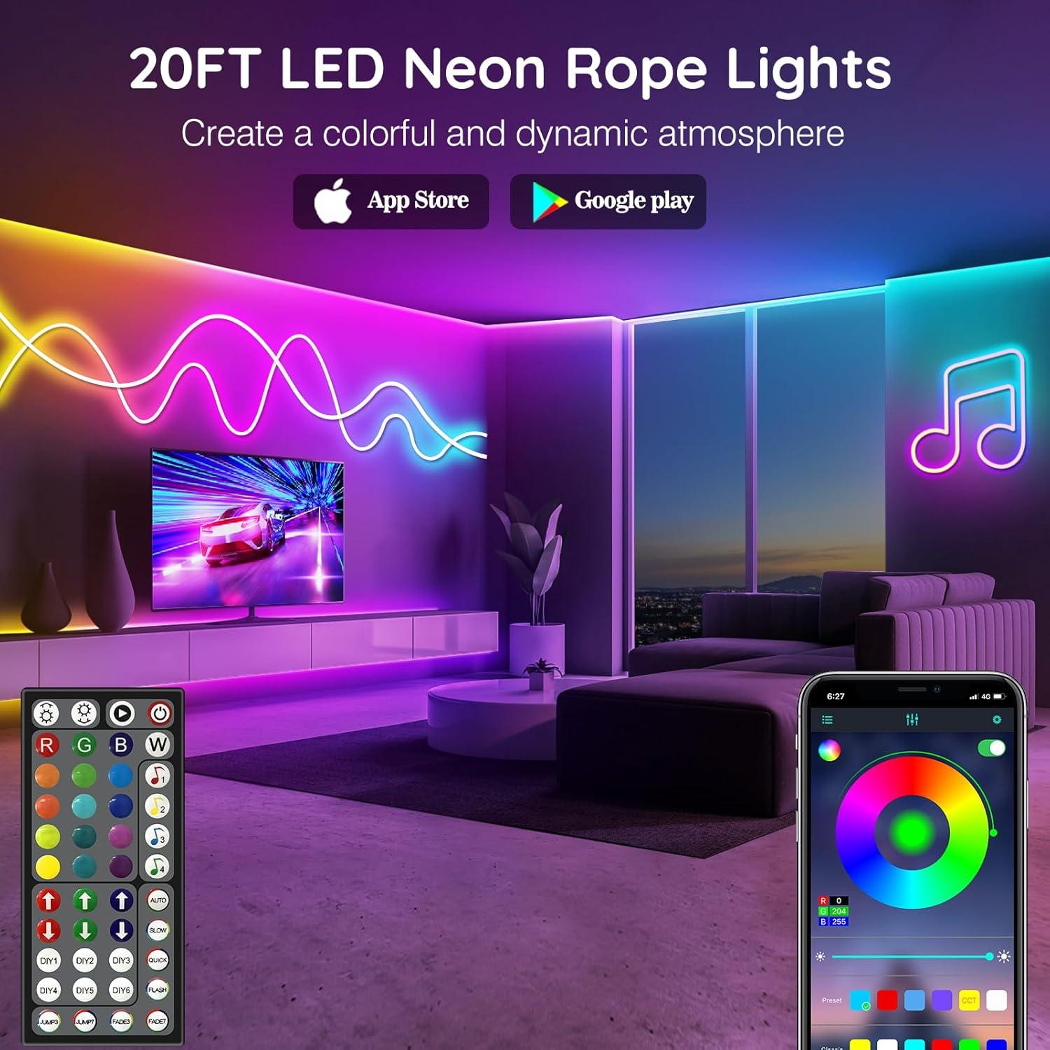 20Ft Neon Rope Lights,Flexible Led Rope Lights Control with App/Remote,Multiple Modes Rope Lights,IP65 Outdoor RGB Led Neon Lights Waterproof,Music Sync Gaming Led Neon Light Strip for Bedroom Decor