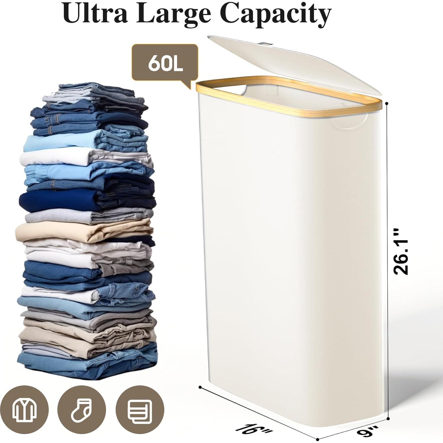 Cesta de Ropa Plegable Foluck 60L Impermeable Beige con Tapa