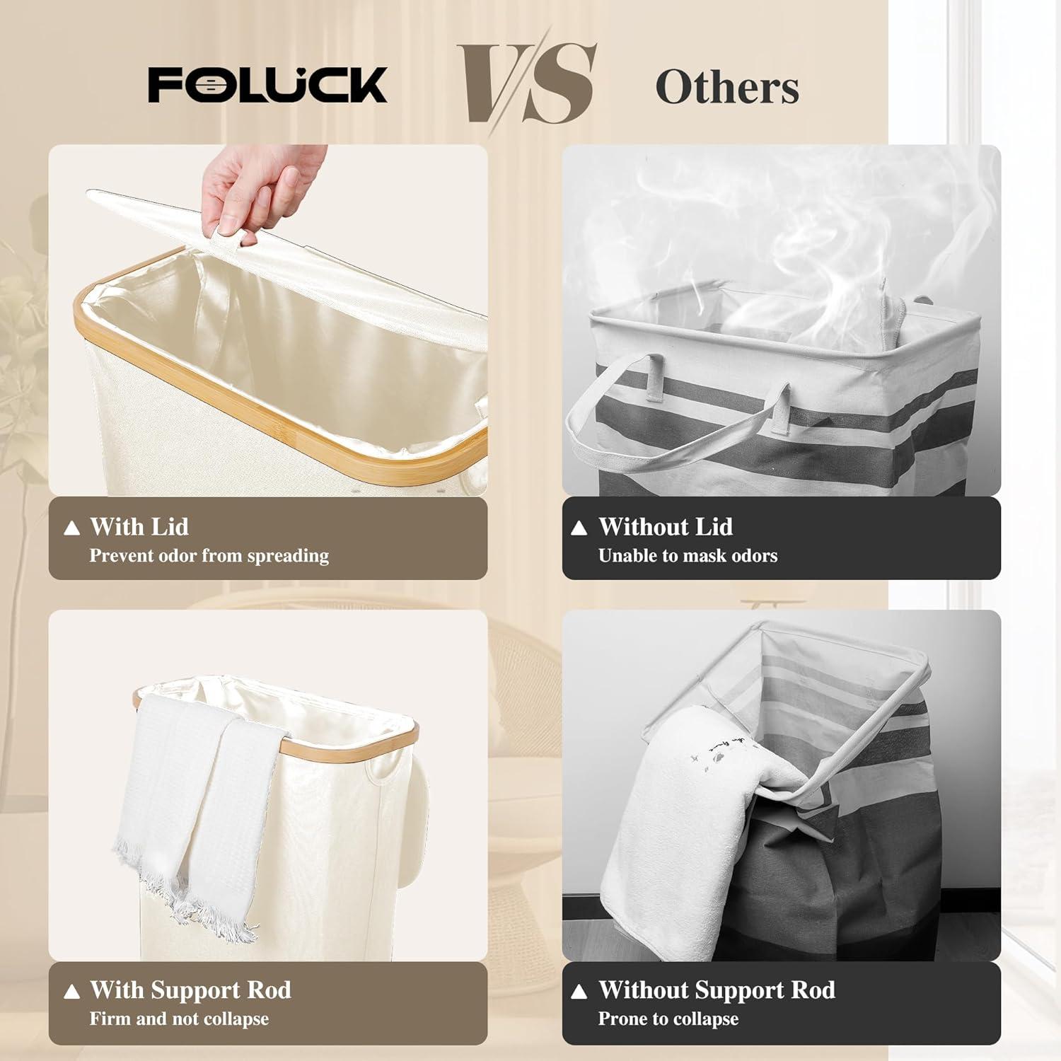 Cesta de Ropa Plegable Foluck 60L Impermeable Beige con Tapa