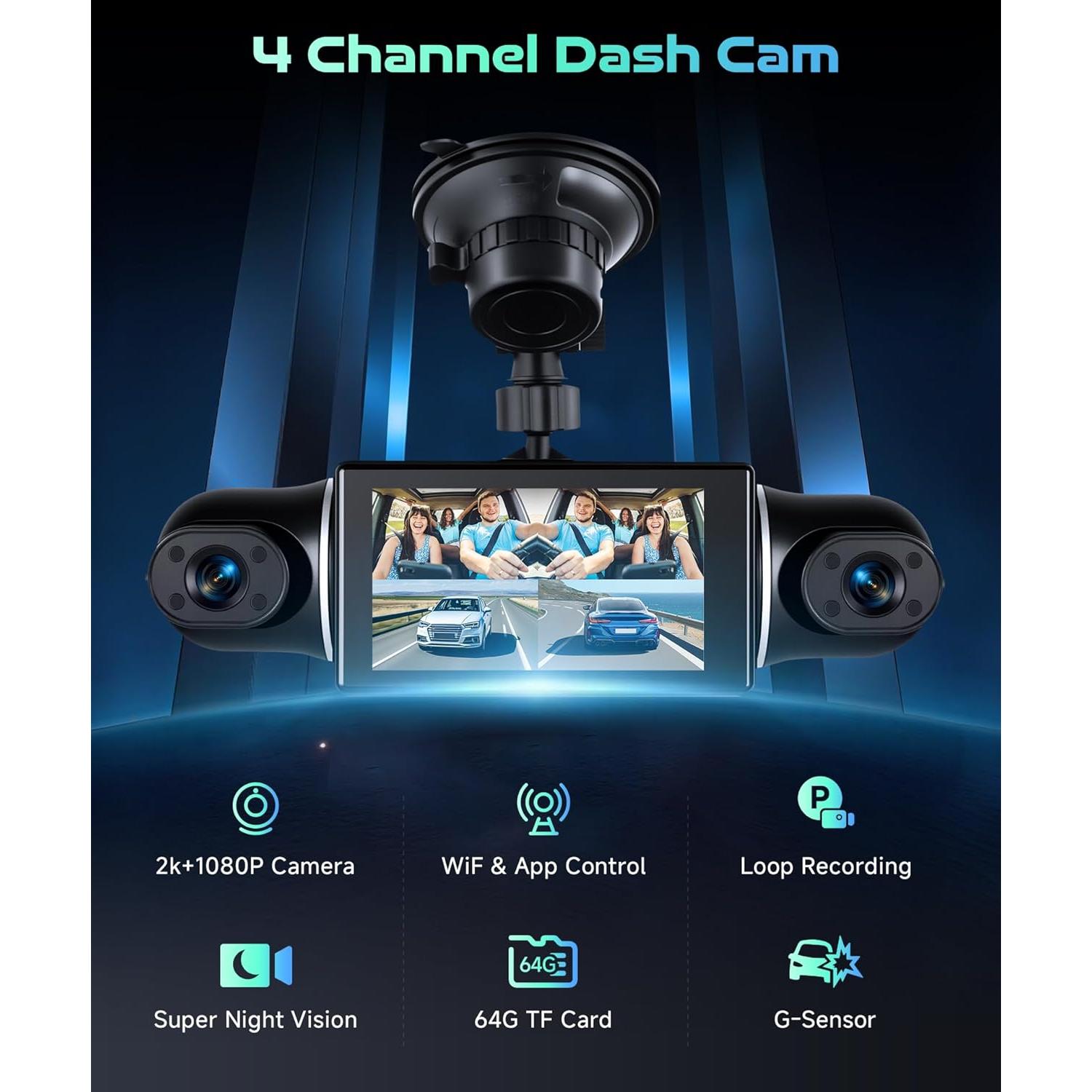 Cámara Dash 360° Podofo 2K 4 Canales Pantalla Táctil