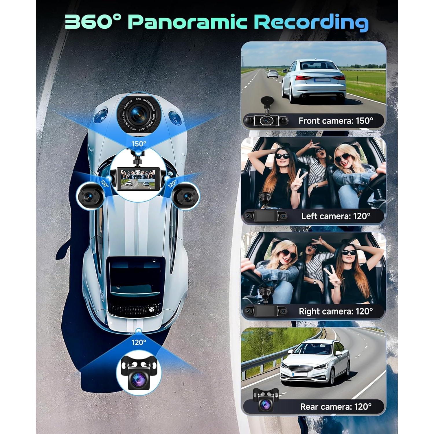 Cámara Dash 360° Podofo 2K 4 Canales Pantalla Táctil