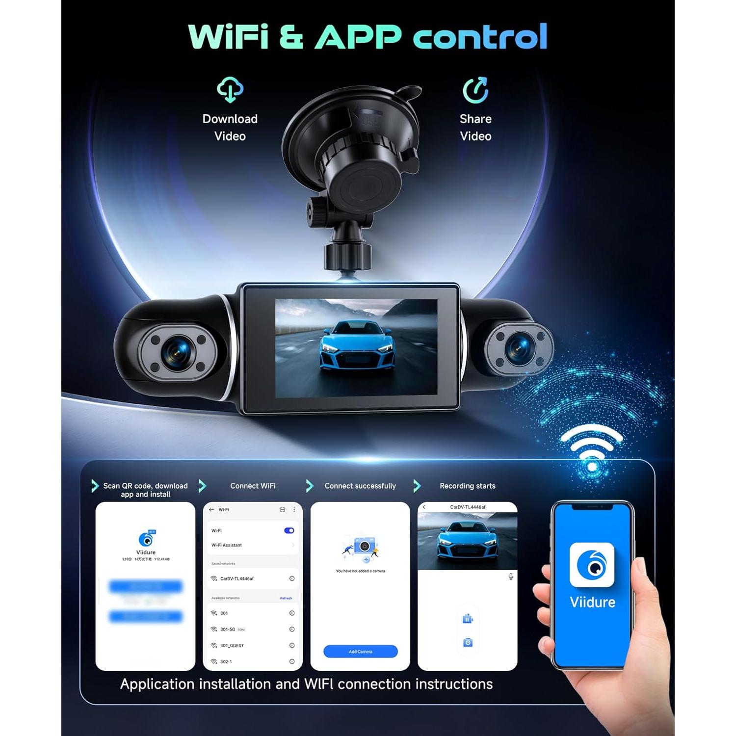 Cámara Dash 360° Podofo 2K 4 Canales Pantalla Táctil