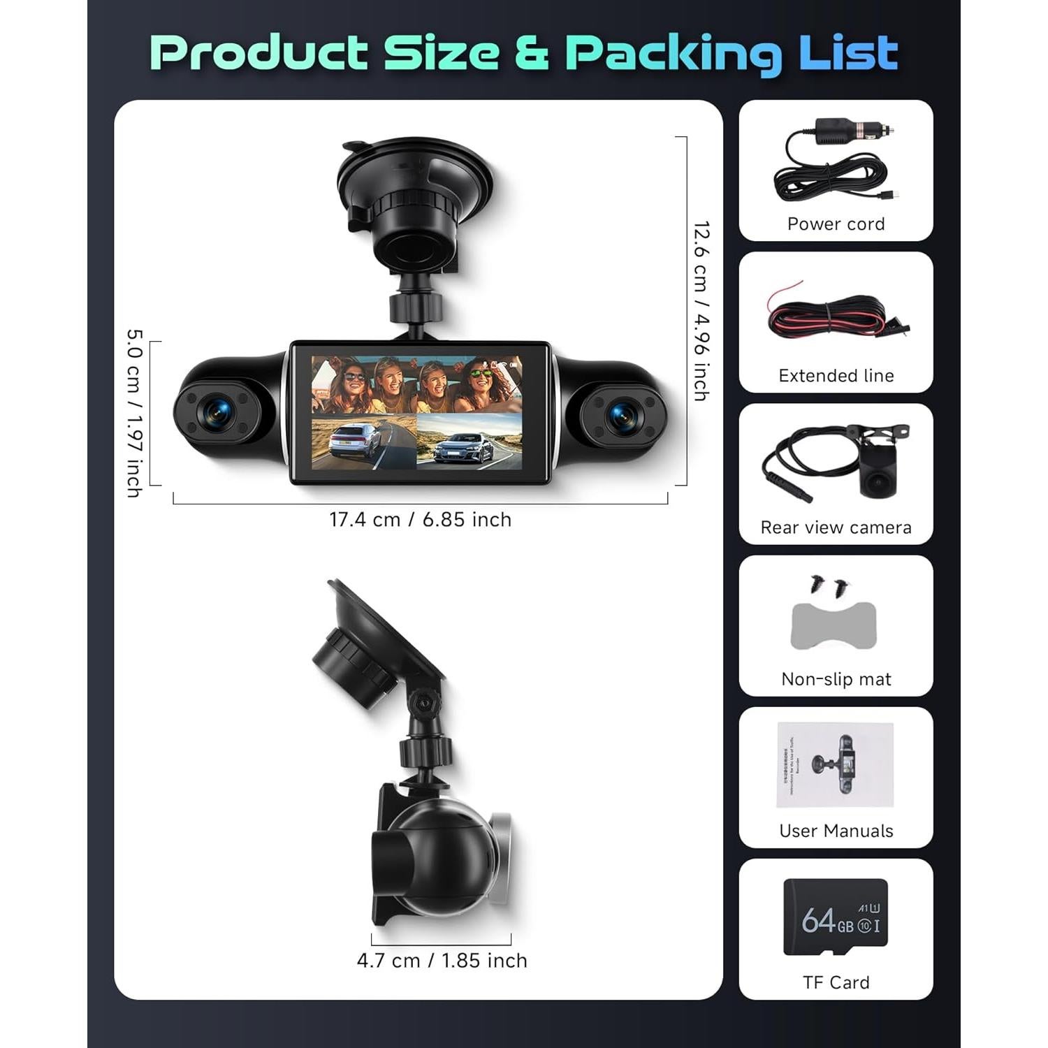 Cámara Dash 360° Podofo 2K 4 Canales Pantalla Táctil