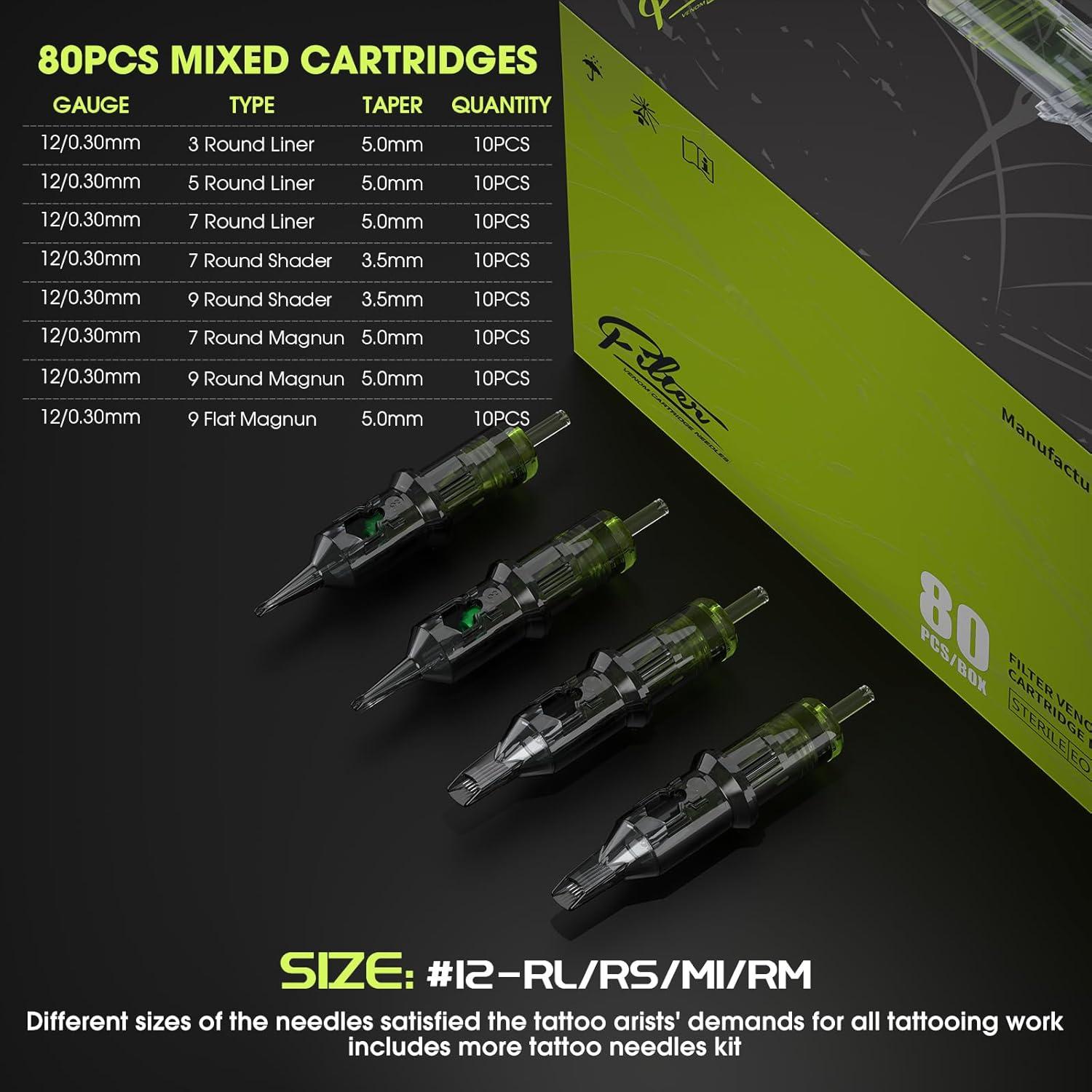 Agujas de Cartucho para Tatuaje Venom 80Pcs #12 Variadas