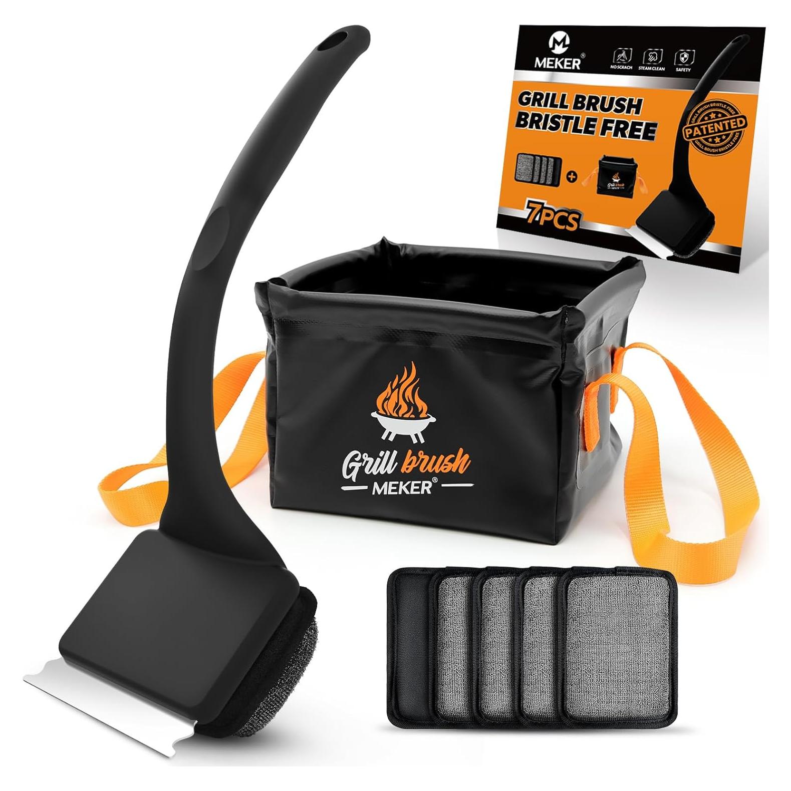 Cepillo Limpiador de Parrilla MEKER Sin Cerda con Cubo Plegable