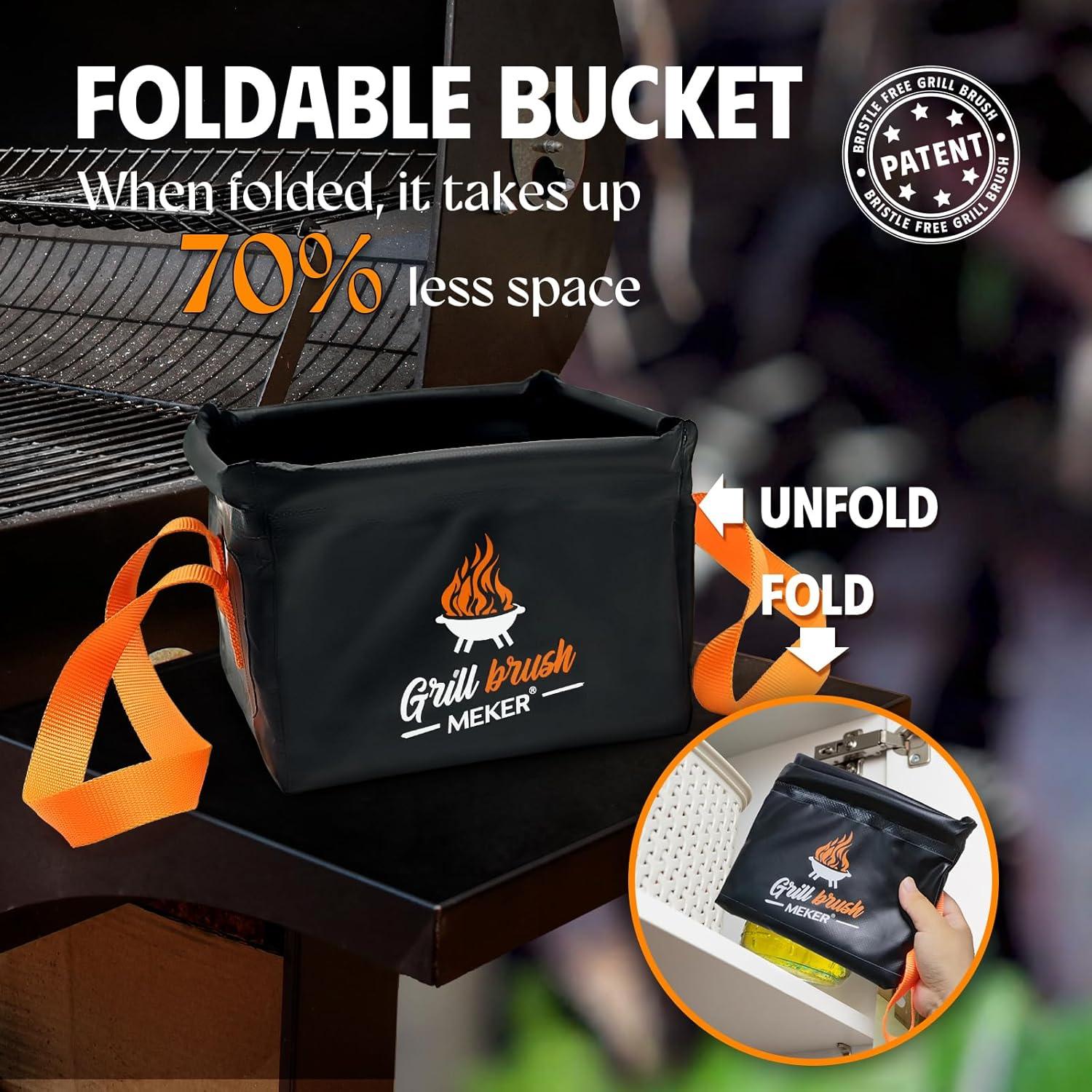 Cepillo Limpiador de Parrilla MEKER Sin Cerda con Cubo Plegable