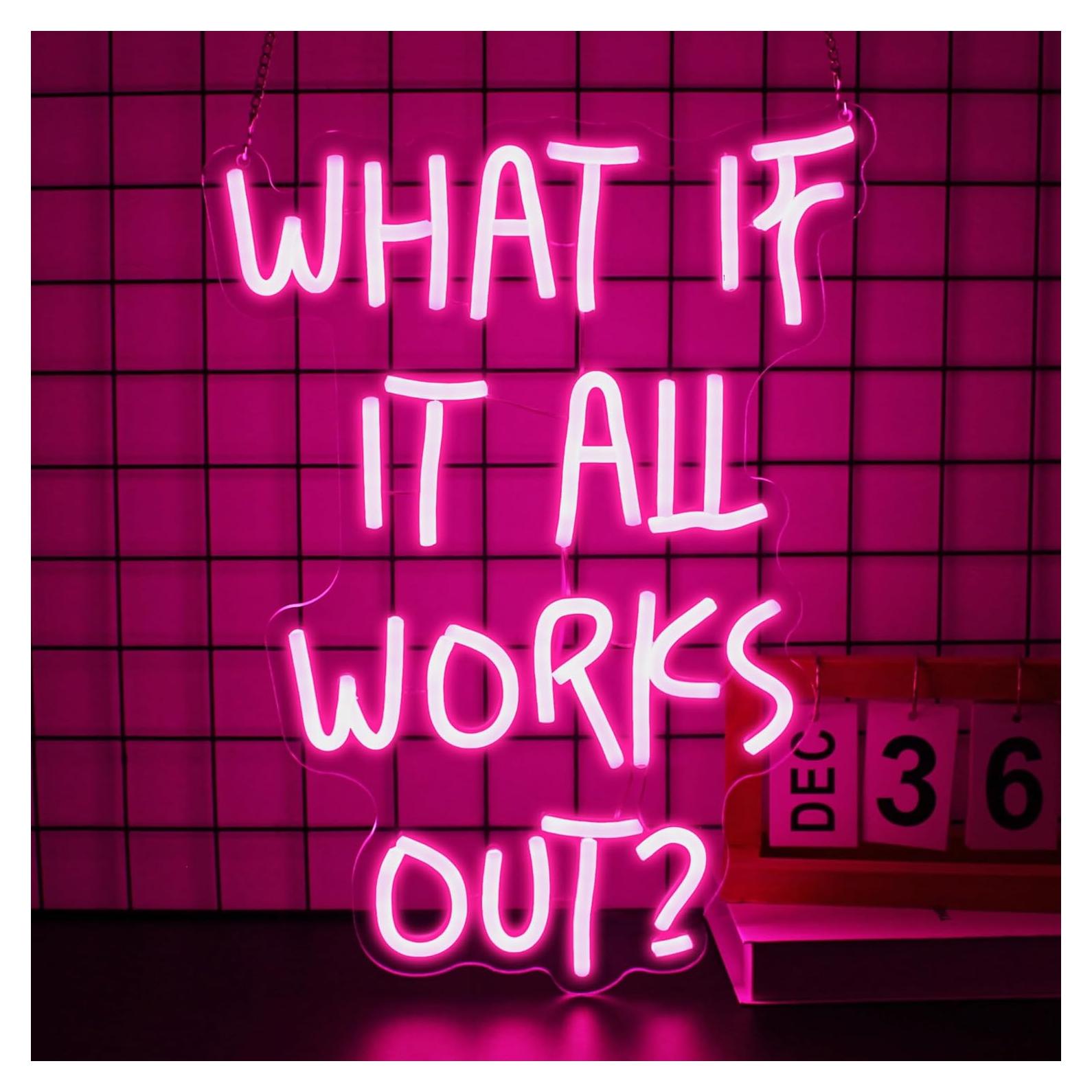Letrero de Neón LED Rosa '¿Qué pasa si todo sale bien?' 43x33cm