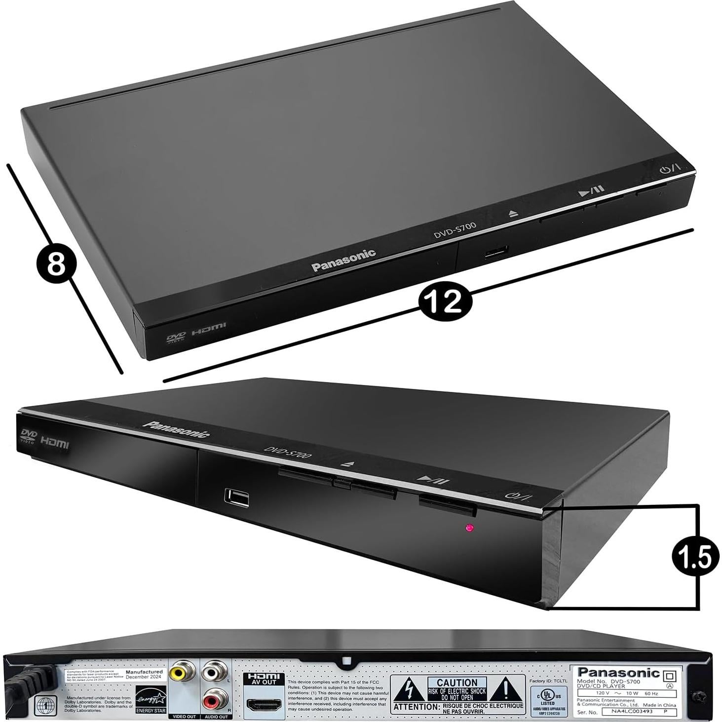 Reproductor de DVD Panasonic DVD-S700 + Control Remoto + Cable HDMI 4K + USB 64GB