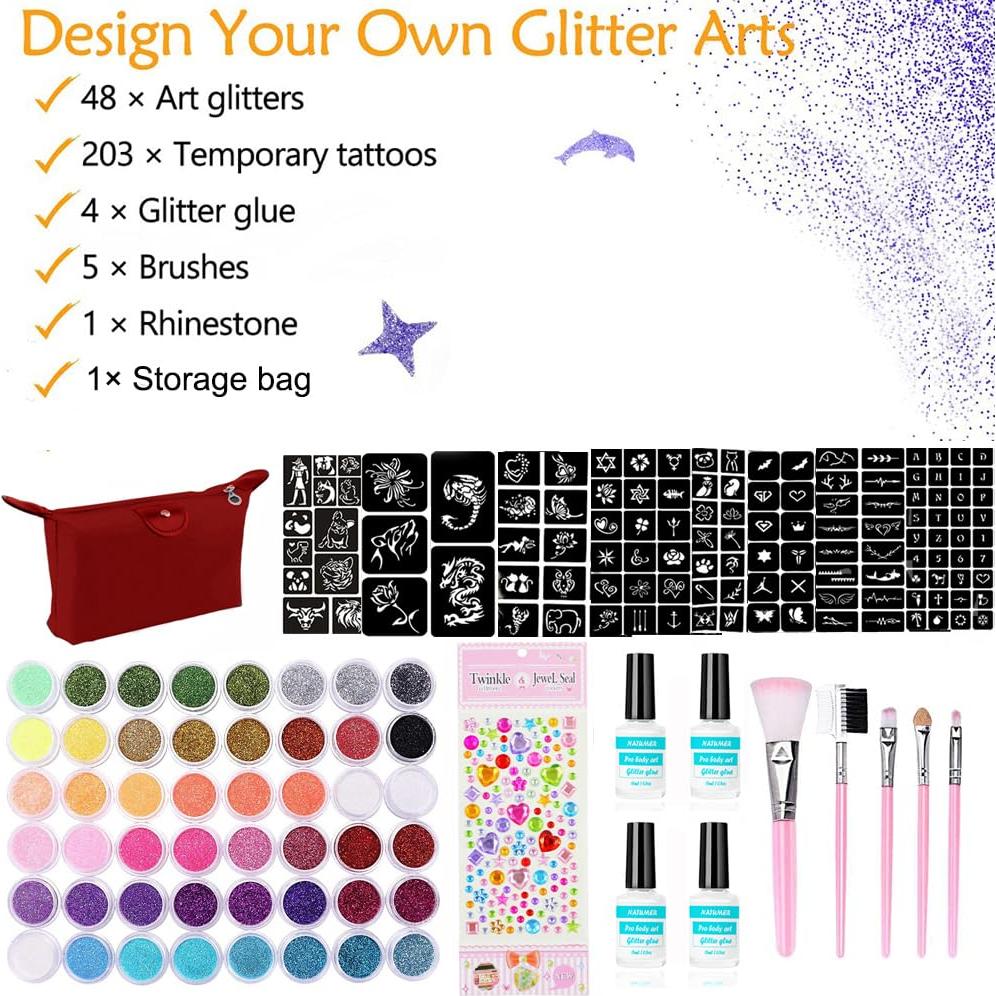 Kit de Tatuajes Temporales de Brillo NATUMER 48 Colores