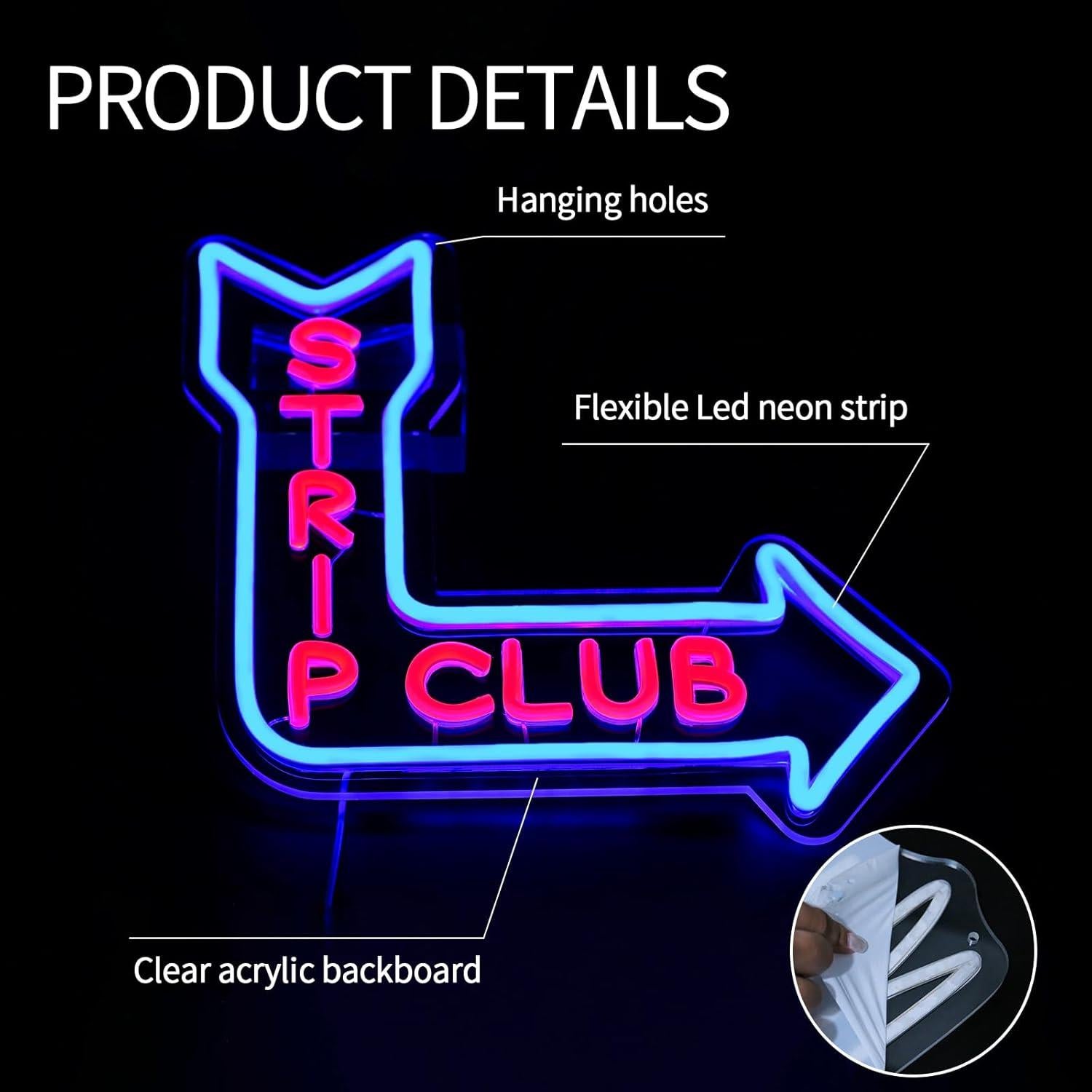 Letrero de Neón LED Virlusy Club de Estriptis Dimmable 35.9x34 cm