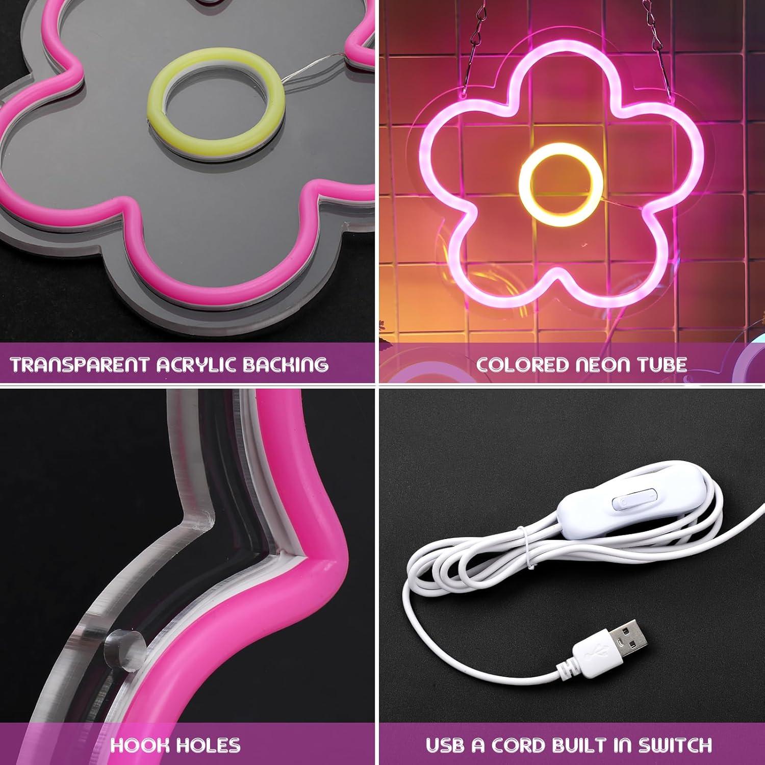 Letreros Neon LED Baquler 3 Pcs Flor USB 22.86 cm Decoración
