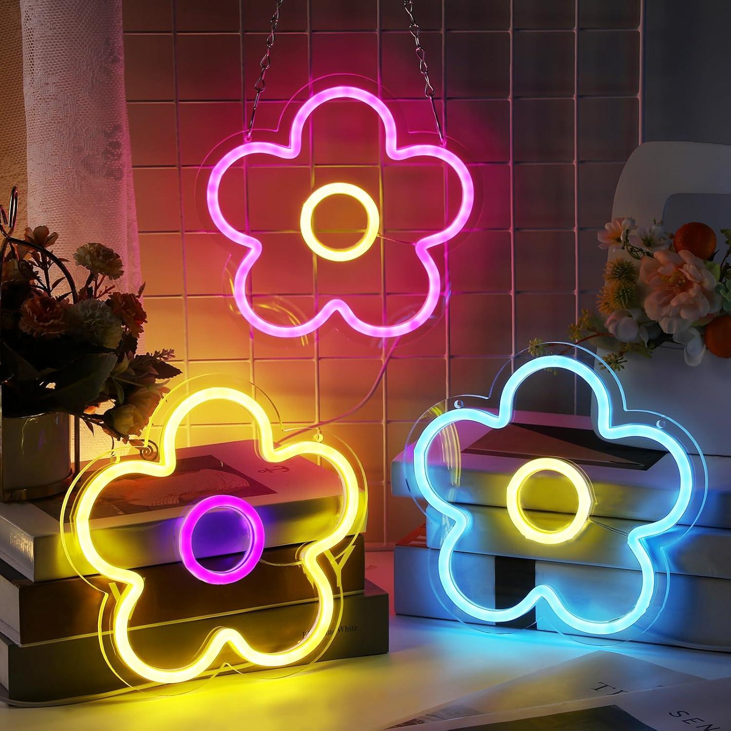 Letreros Neon LED Baquler 3 Pcs Flor USB 22.86 cm Decoración