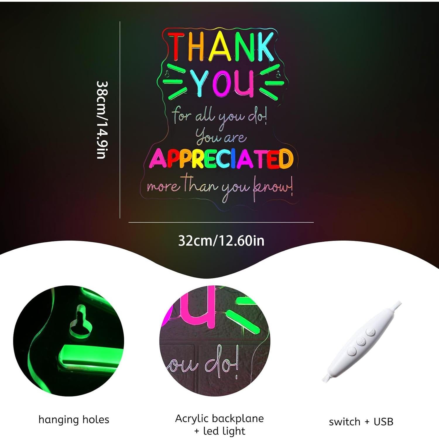 Señal Neón LED Gracias Apreciado WLHOPE 32x38 cm USB