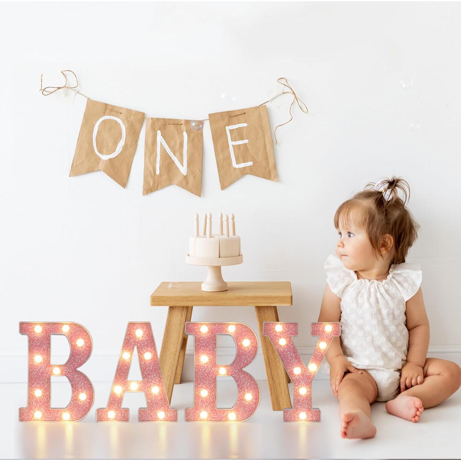 Letras Iluminadas LED Rosa Bebé para Decoración de Baby Shower
