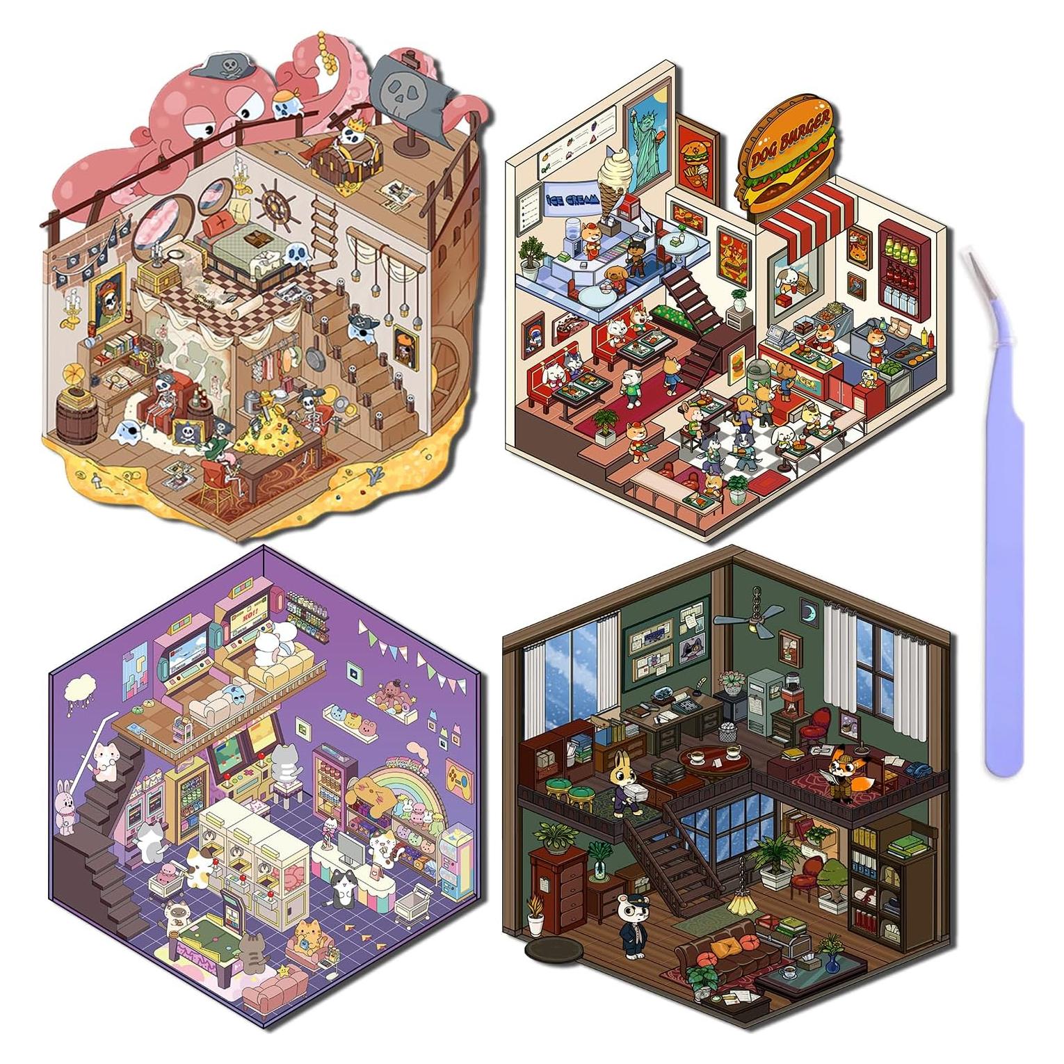 4 Sets Stickers 3D DIY FAAFRW Animales Caricatura Rosa