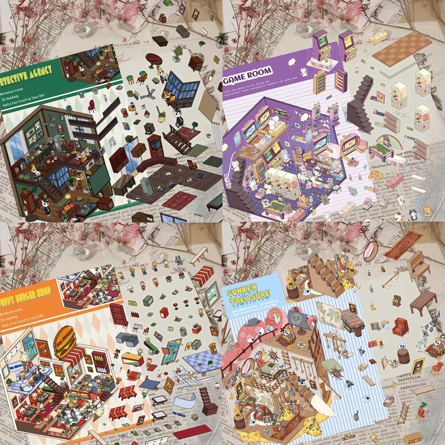 4 Sets Stickers 3D DIY FAAFRW Animales Caricatura Rosa