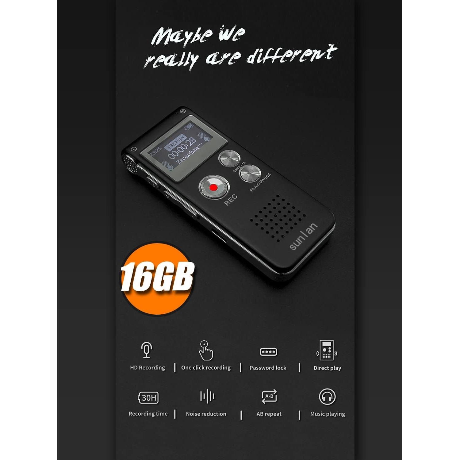 Grabadora de Voz Digital Sunlan 16GB con Reproducción USB
