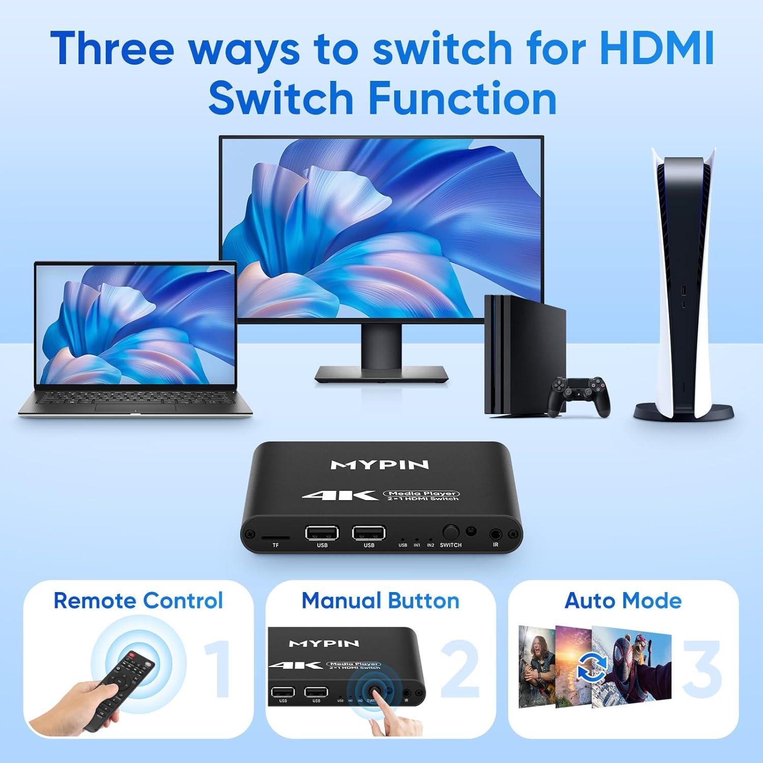 Reproductor Multimedia 4K MYPIN con Interruptor HDMI 2 Puertos