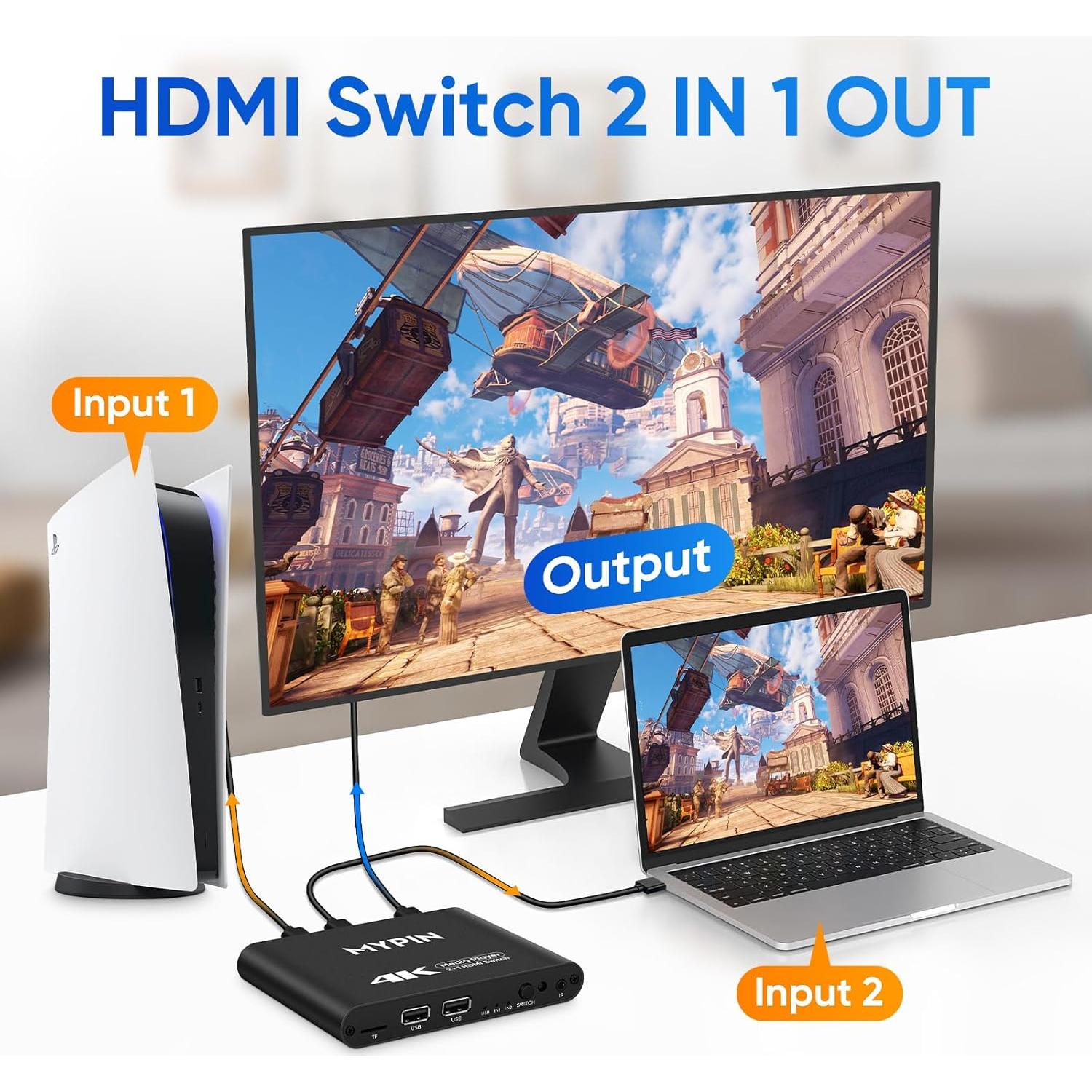 Reproductor Multimedia 4K MYPIN con Interruptor HDMI 2 Puertos