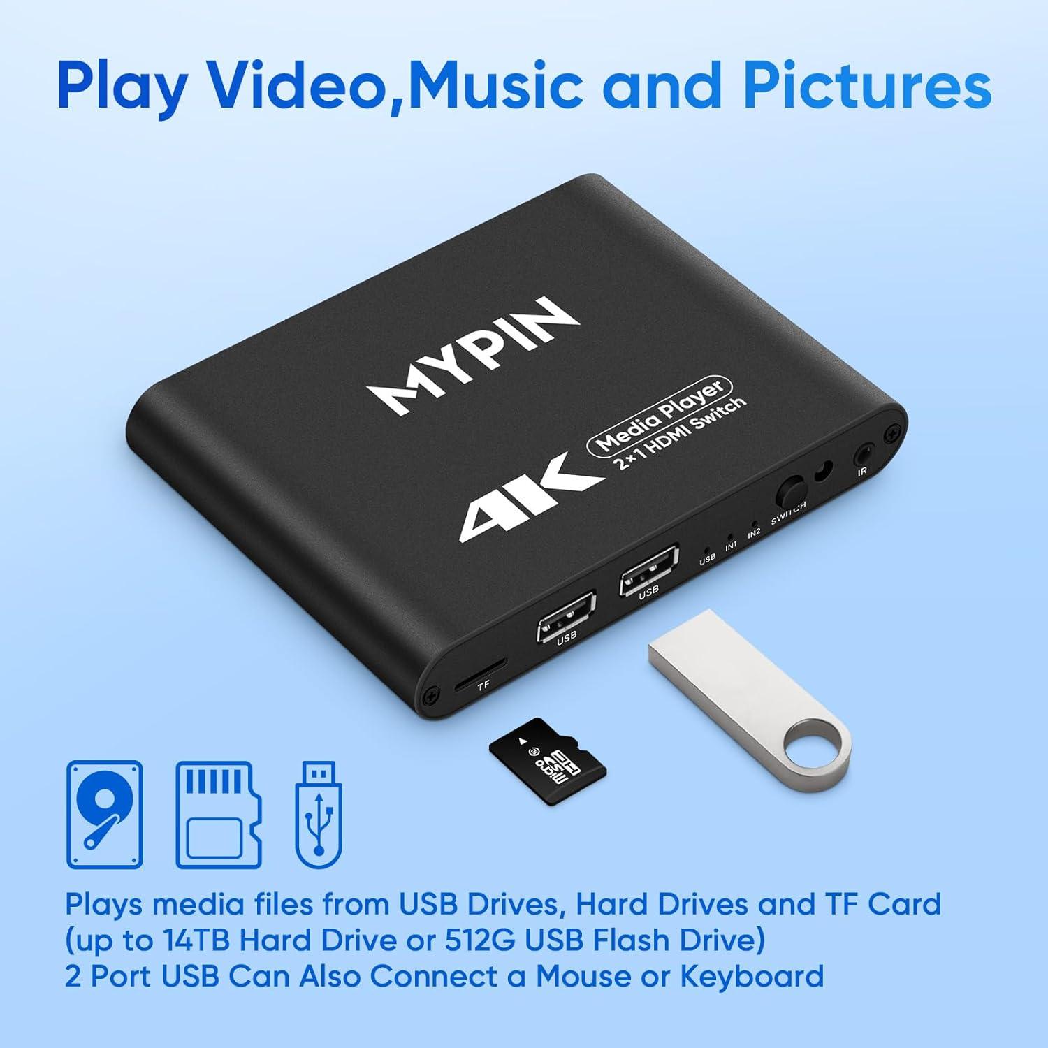 Reproductor Multimedia 4K MYPIN con Interruptor HDMI 2 Puertos