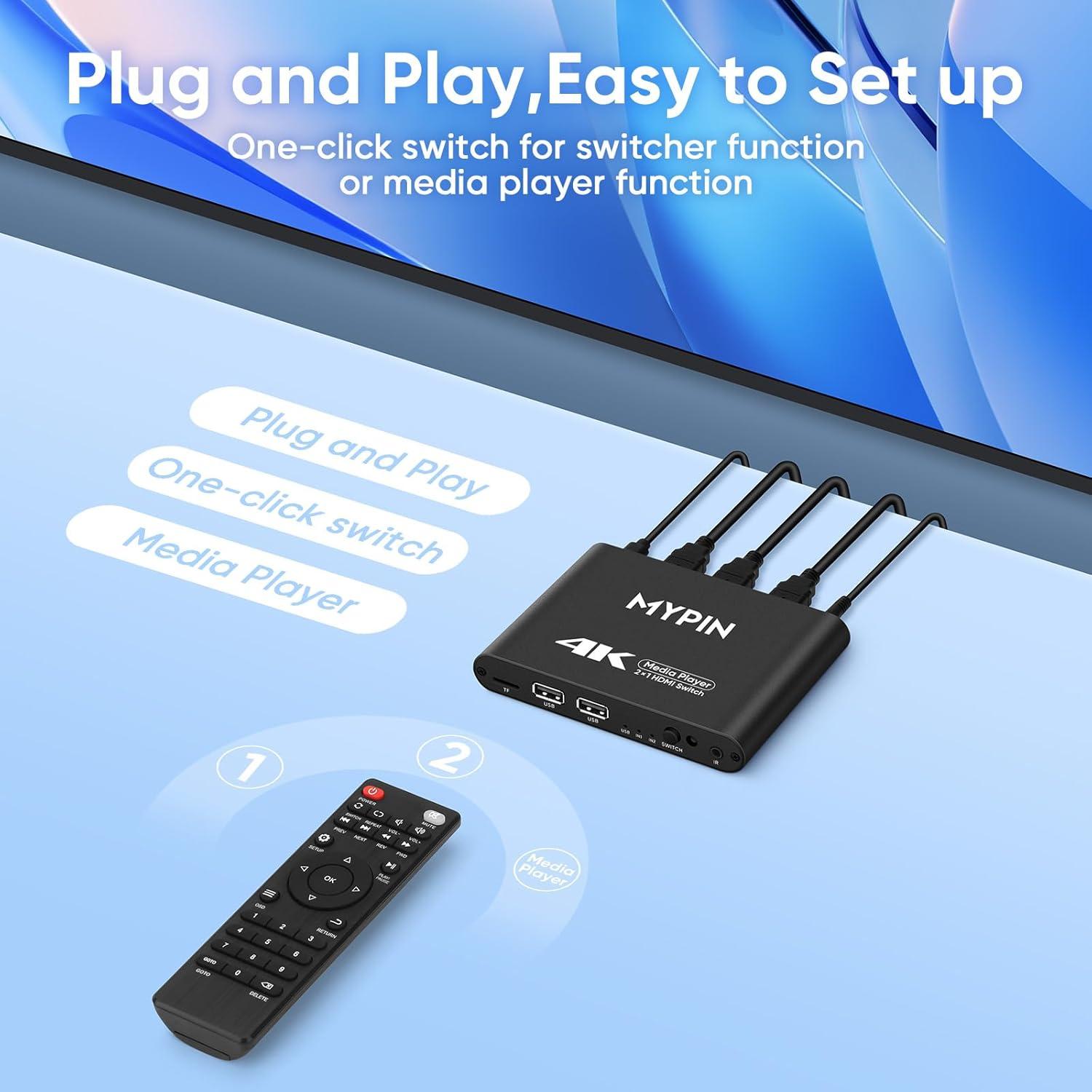 Reproductor Multimedia 4K MYPIN con Interruptor HDMI 2 Puertos