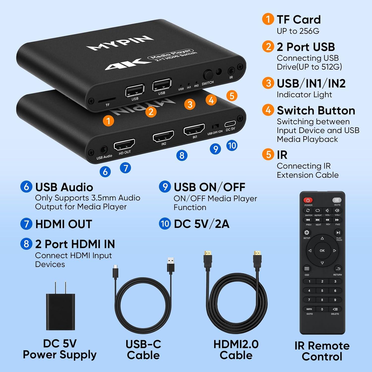 Reproductor Multimedia 4K MYPIN con Interruptor HDMI 2 Puertos