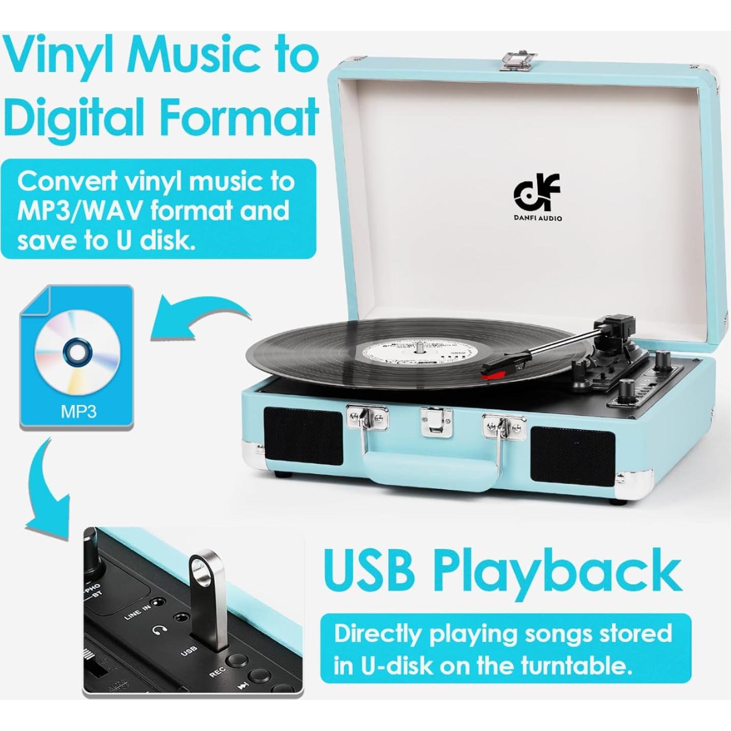 Reproductor de Vinilo Portátil DANFI AUDIO TE-2021 Bluetooth 3 Velocidades