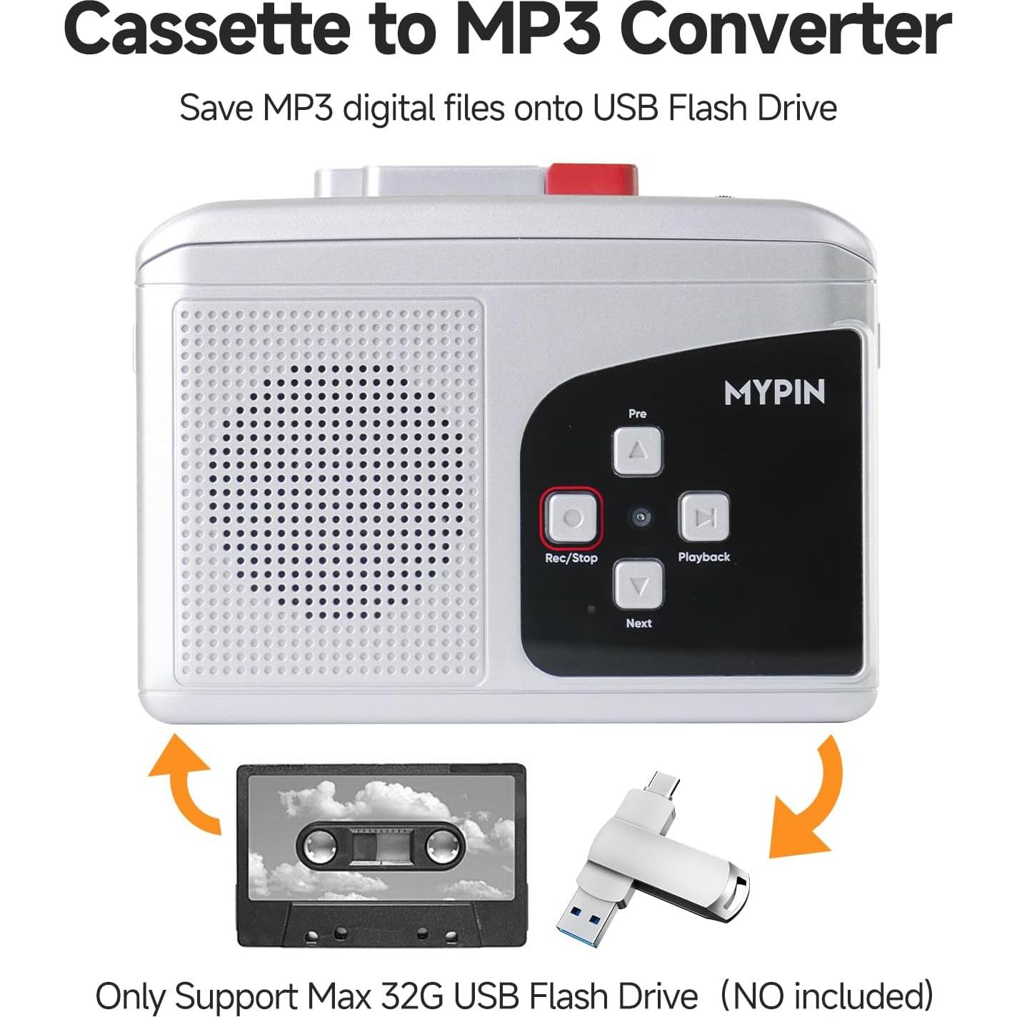 Grabadora de Cinta Estéreo Portátil MYPIN, Convierte a MP3