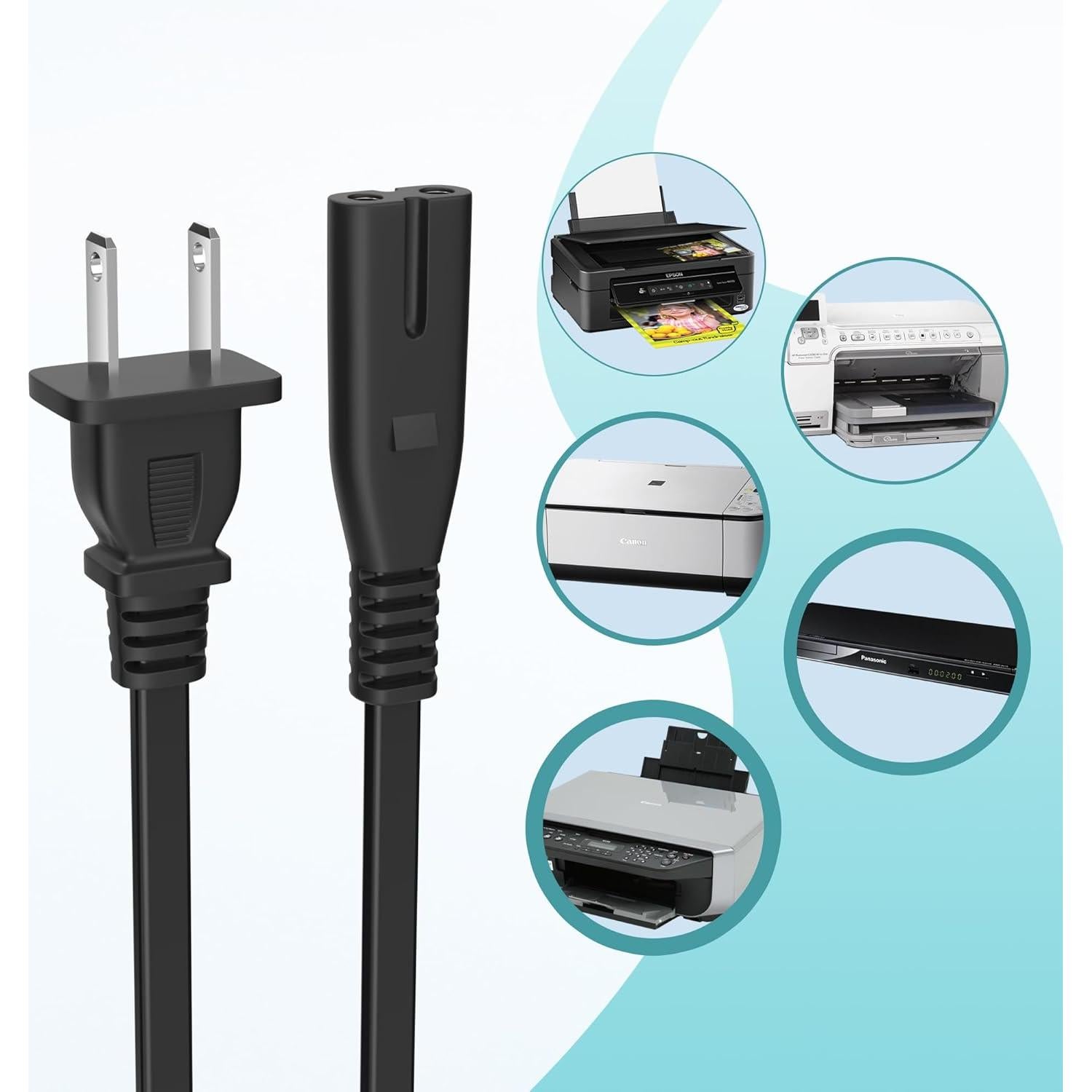 Cable de Poder Plano PwrON 1.8m 2 Pines UL para VHS y DVD