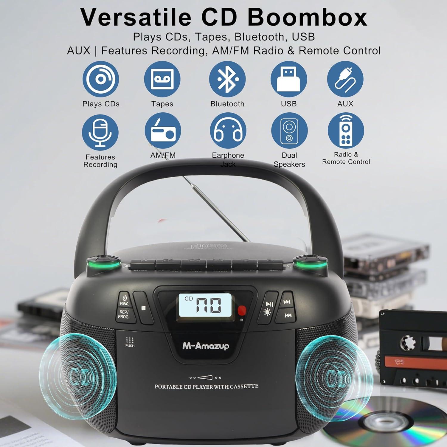 Reproductor Boombox Portátil M-Amazup V60098BT CD, Bluetooth, Radio