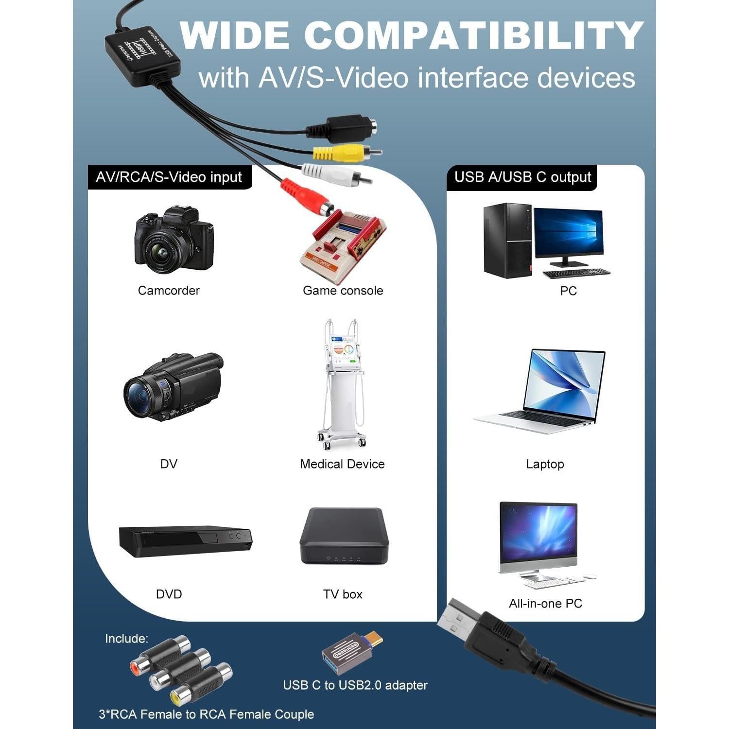 Convertidor de VHS a Digital Oassuose USB-A/USB-C 1080P