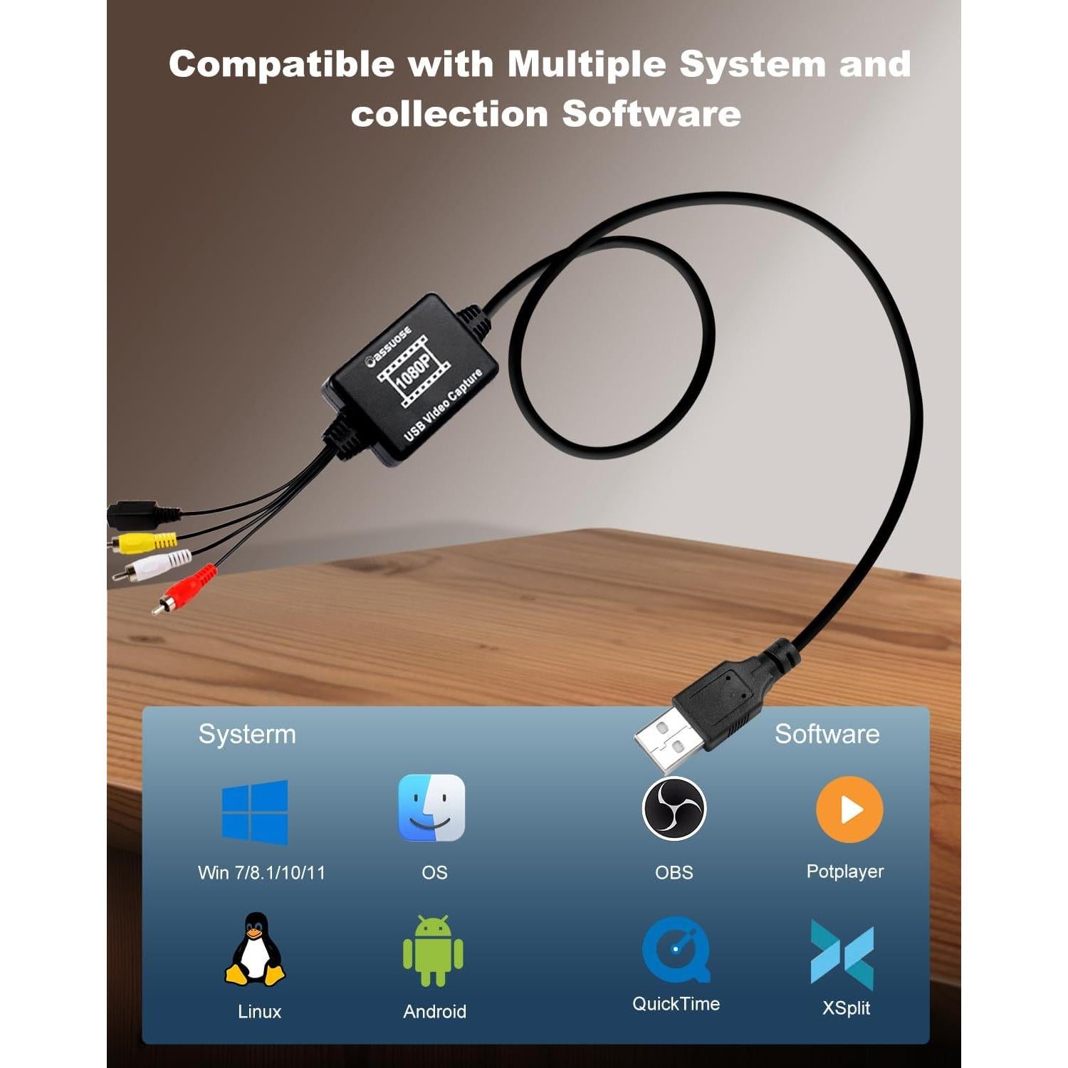 Convertidor de VHS a Digital Oassuose USB-A/USB-C 1080P