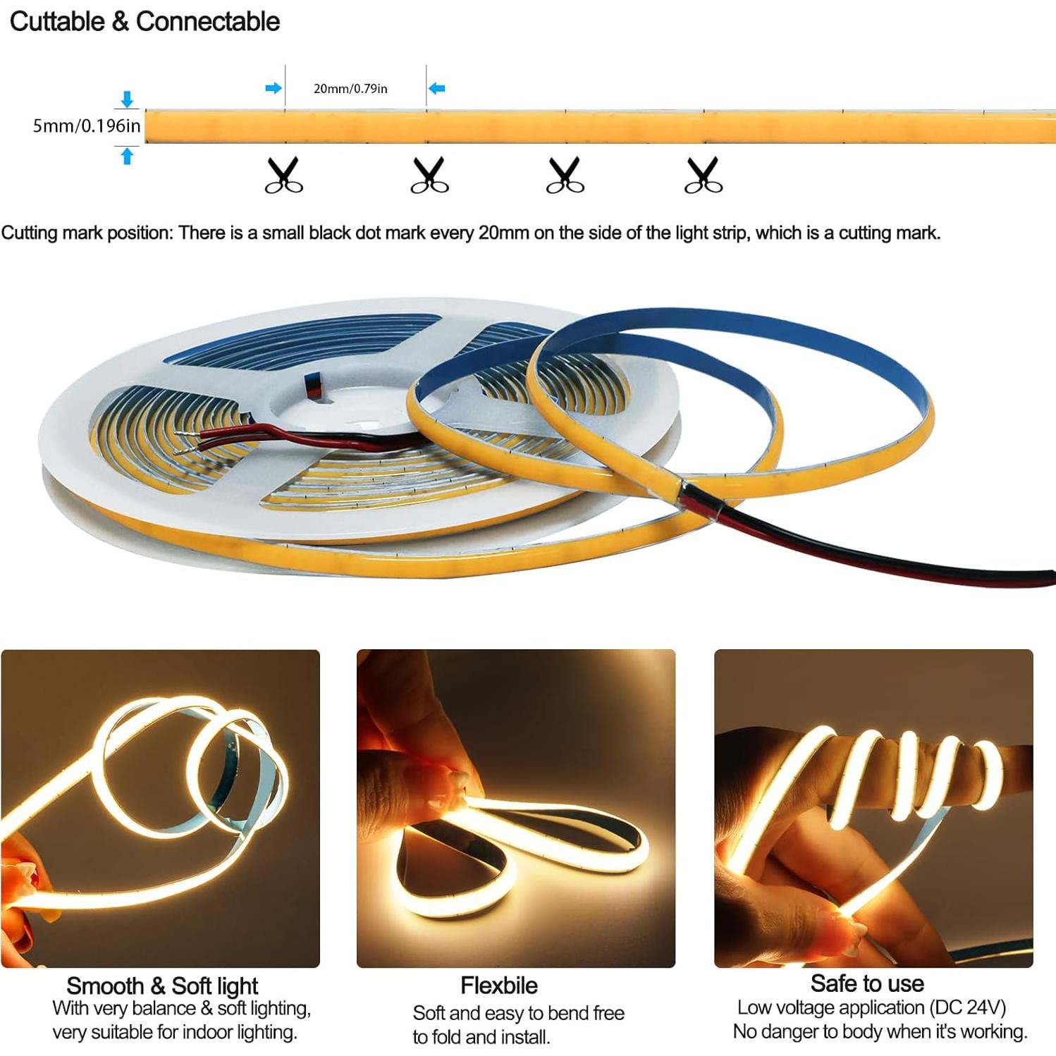 Tira de Luz LED COB 24V 5mm Blanca Cálida 3000K 5m 2000 LEDs