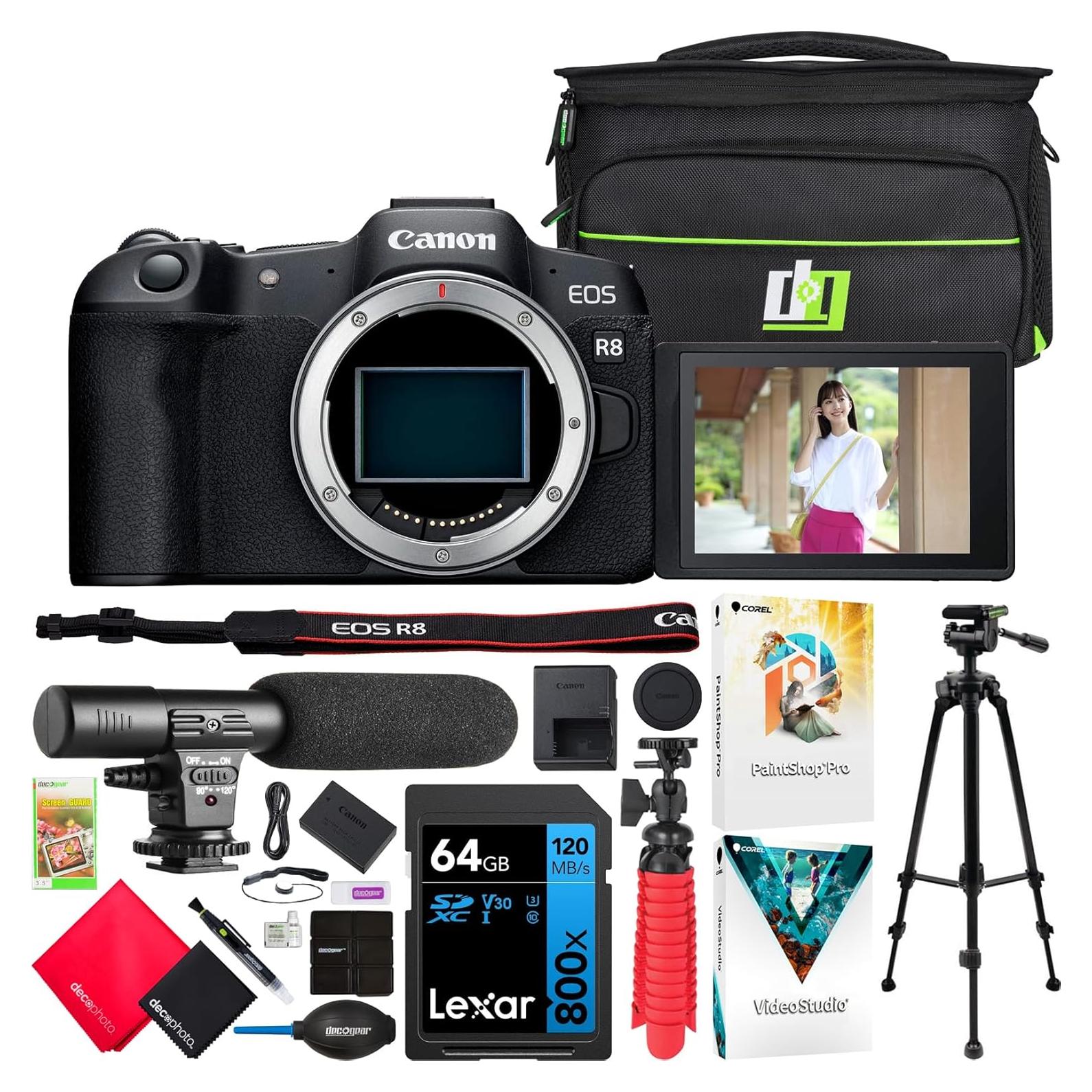 Canon EOS R8 Full Frame Mirrorless Interchangeable Lens Camera | Official Canon USA Partner Model | Body 5803C002 Bundle with Deco Gear Bag + Microphone + Tripod + Software & Accessories Kit