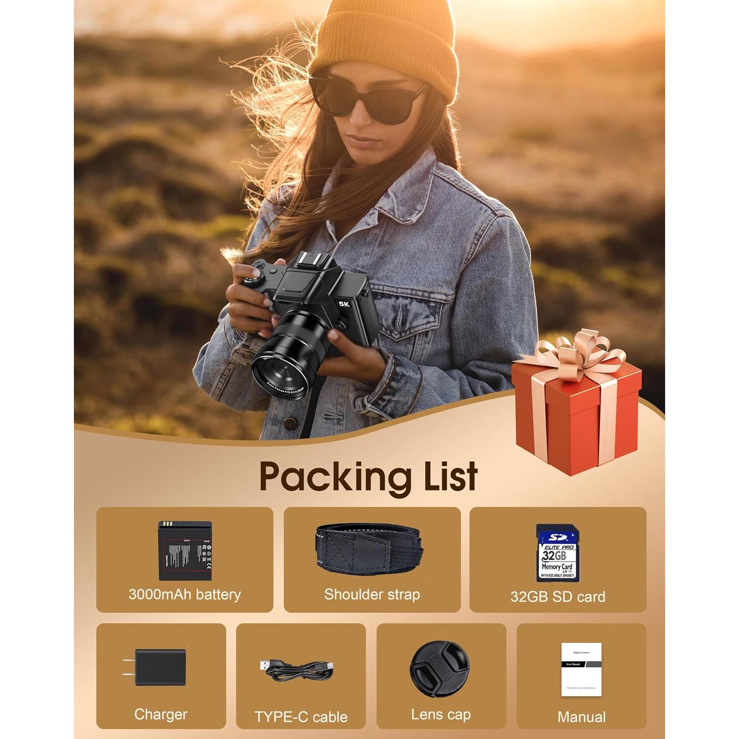 Cámara Digital 5K 80MP Banflower con Pantalla Táctil 4"