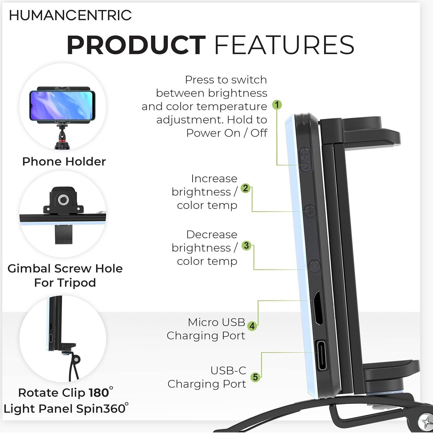 Kit de Iluminación para Videoconferencias HumanCentric, Luz USB-C Ajustable