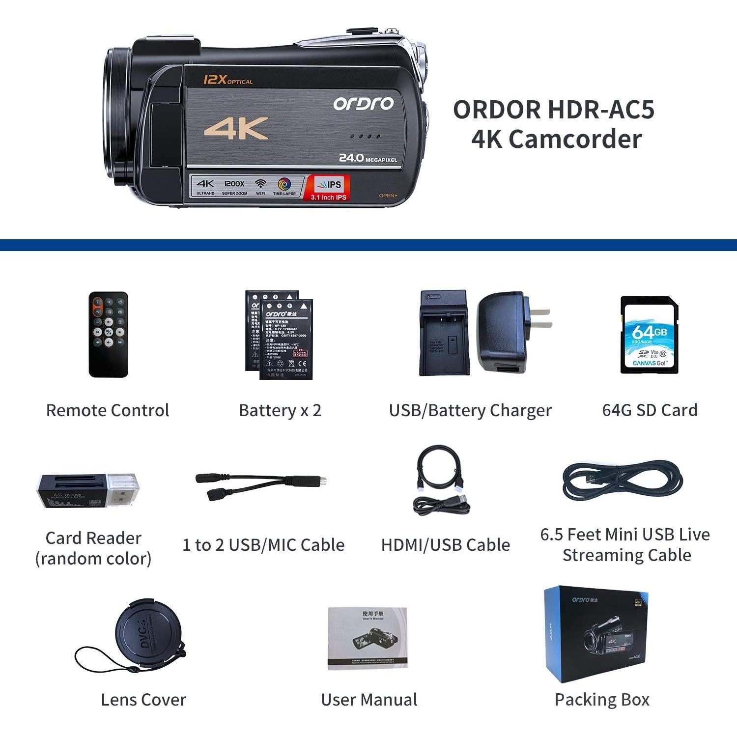 Cámara de Video ORDRO AC5 4K UHD con Zoom Óptico 12X
