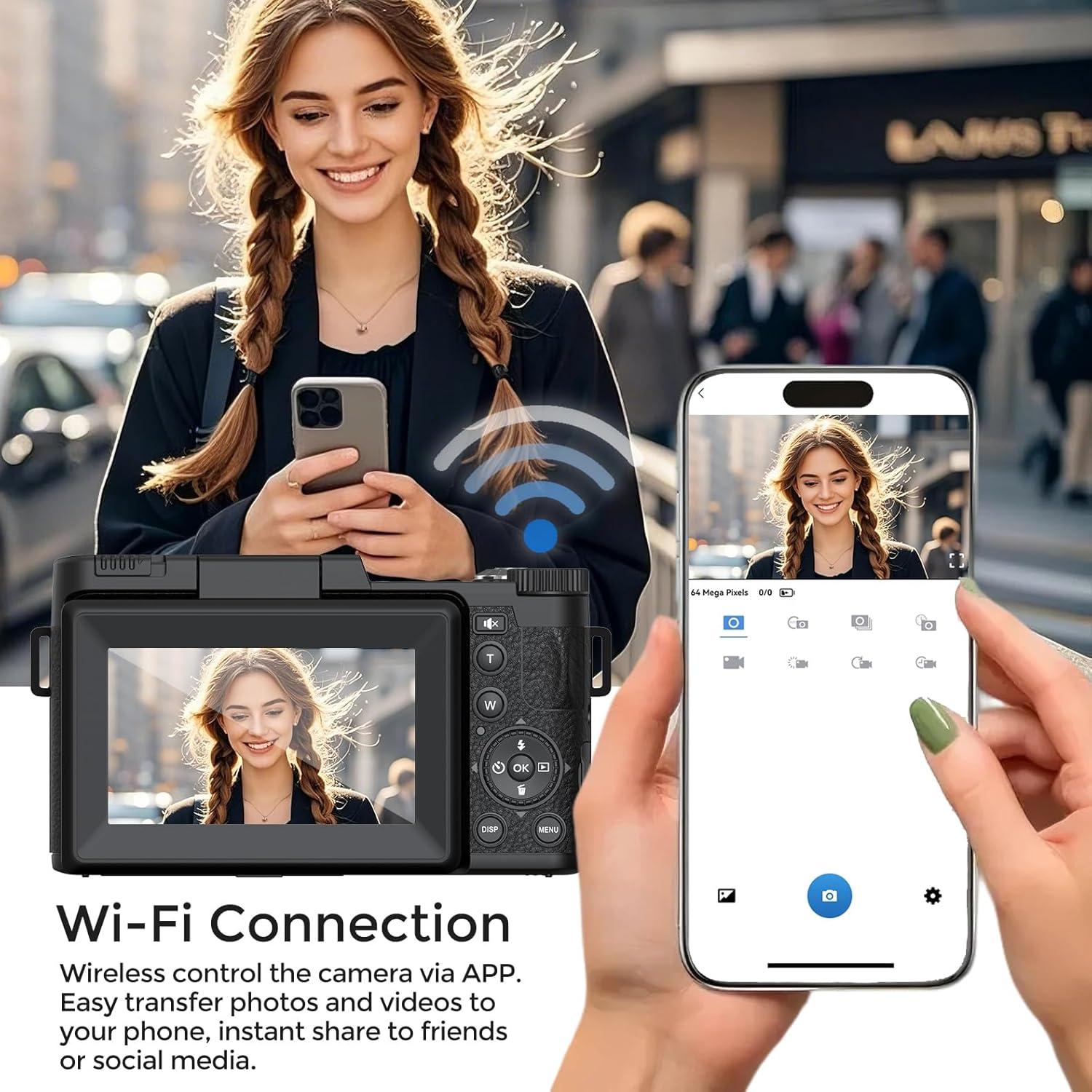 Cámara Digital Vlog 64MP 5K Novzzovaz con WiFi y Pantalla Plegable