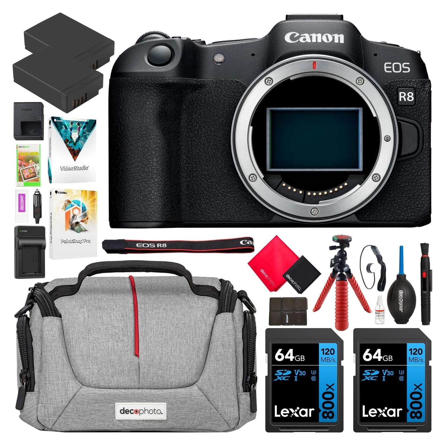 EOS R8 Full Frame Mirrorless Interchangeable Lens Camera | Official Canon USA Partner Model | Body 5803C002 Bundle with Deco Gear Bag + 2 x Battery + 2 x 64GB Memory Cards + Accessories Kit