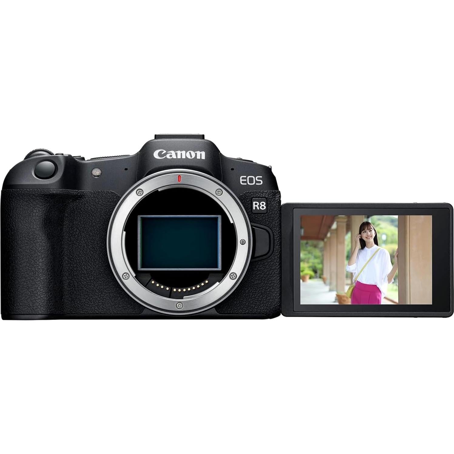 EOS R8 Full Frame Mirrorless Interchangeable Lens Camera | Official Canon USA Partner Model | Body 5803C002 Bundle with Deco Gear Bag + 2 x Battery + 2 x 64GB Memory Cards + Accessories Kit