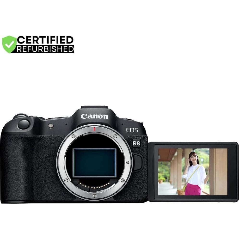 Canon EOS R8 Full Frame Mirrorless Interchangeable Lens Camera (Renewed) | Official Canon USA Partner Model | Body 5803C002 Bundle with Deco Gear Bag + Microphone + Tripod +Software & Accessories Kit