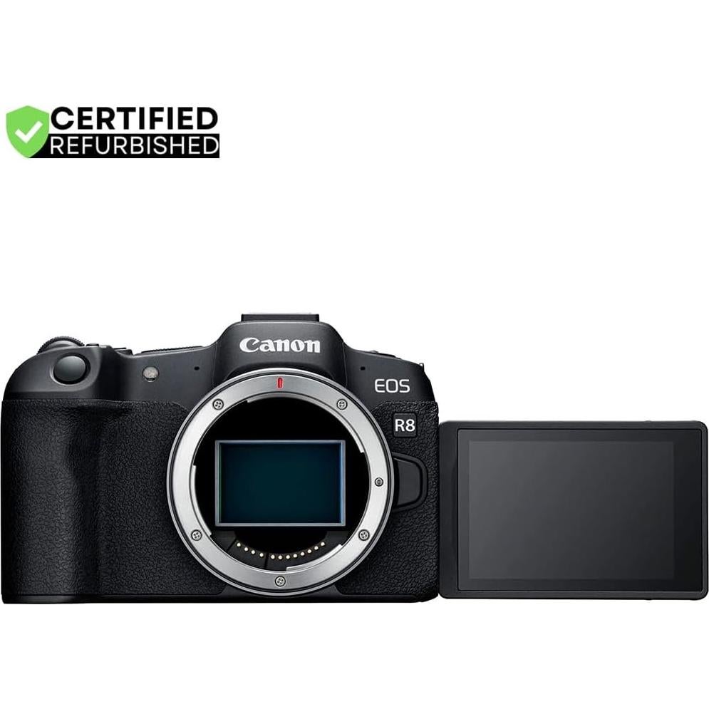 Canon EOS R8 Full Frame Mirrorless Interchangeable Lens Camera (Renewed) | Official Canon USA Partner Model | Body 5803C002 Bundle with Deco Gear Bag + Microphone + Tripod +Software & Accessories Kit