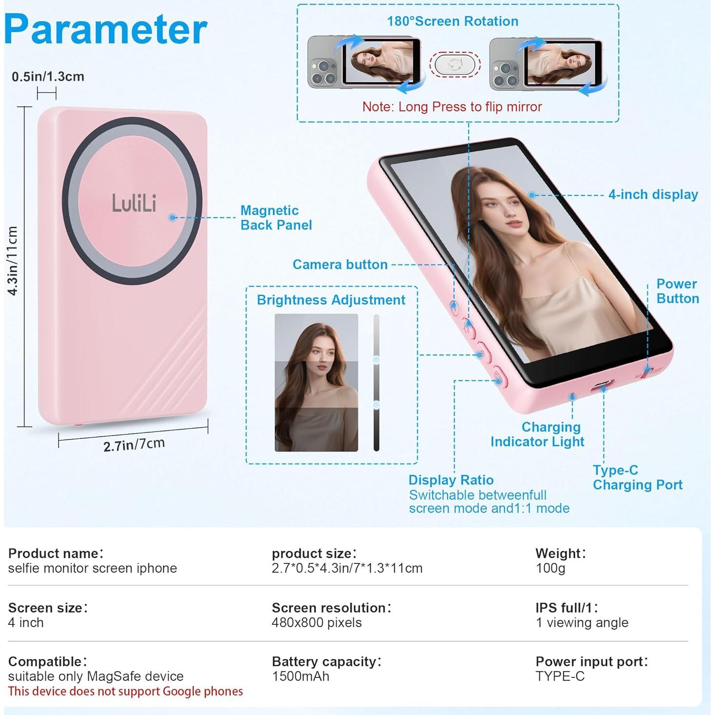 Pantalla Selfie LuliLi para iPhone y Android 4K, Rosa