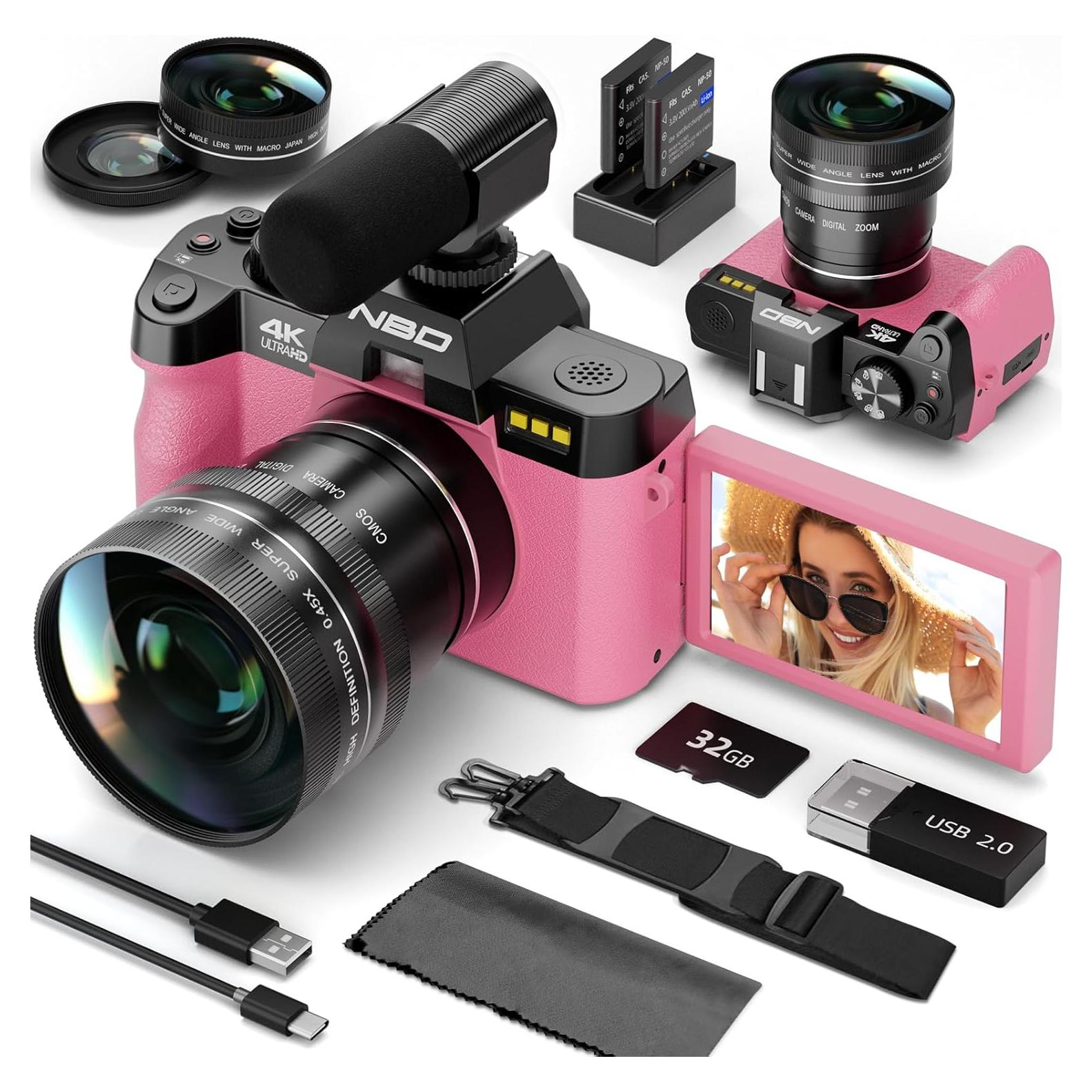Cámara Digital NBD 48MP Rosa con Zoom 16X y Pantalla Flip