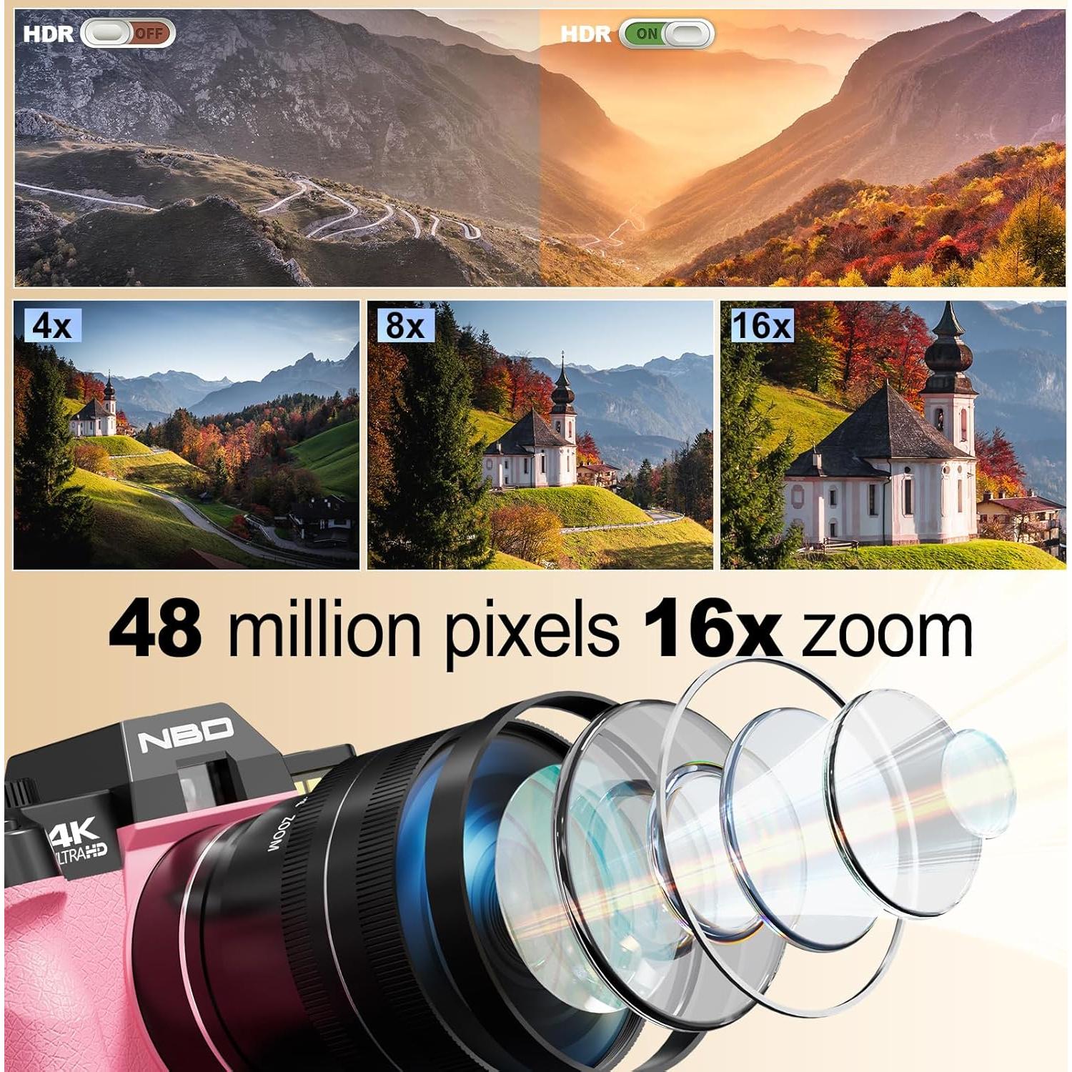 Cámara Digital NBD 48MP Rosa con Zoom 16X y Pantalla Flip