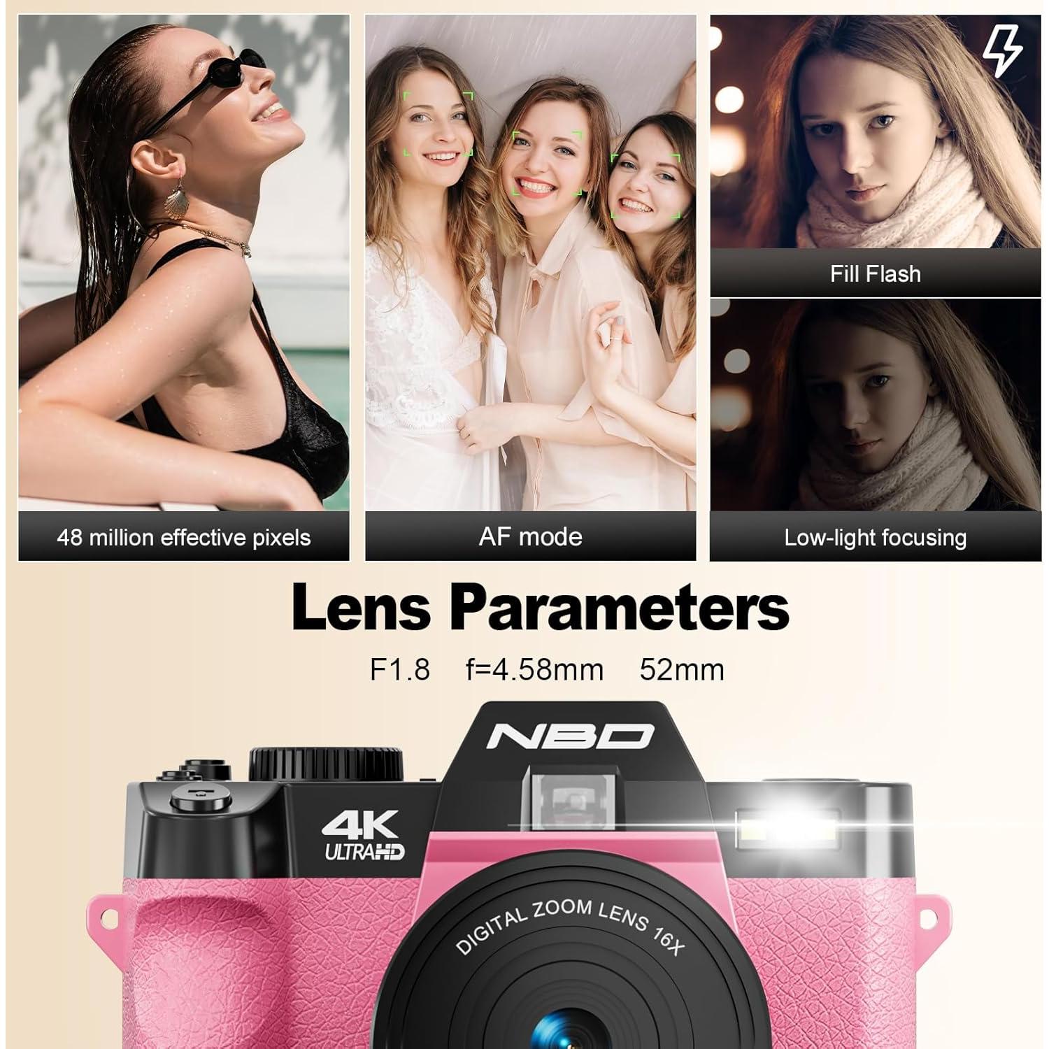 Cámara Digital NBD 48MP Rosa con Zoom 16X y Pantalla Flip