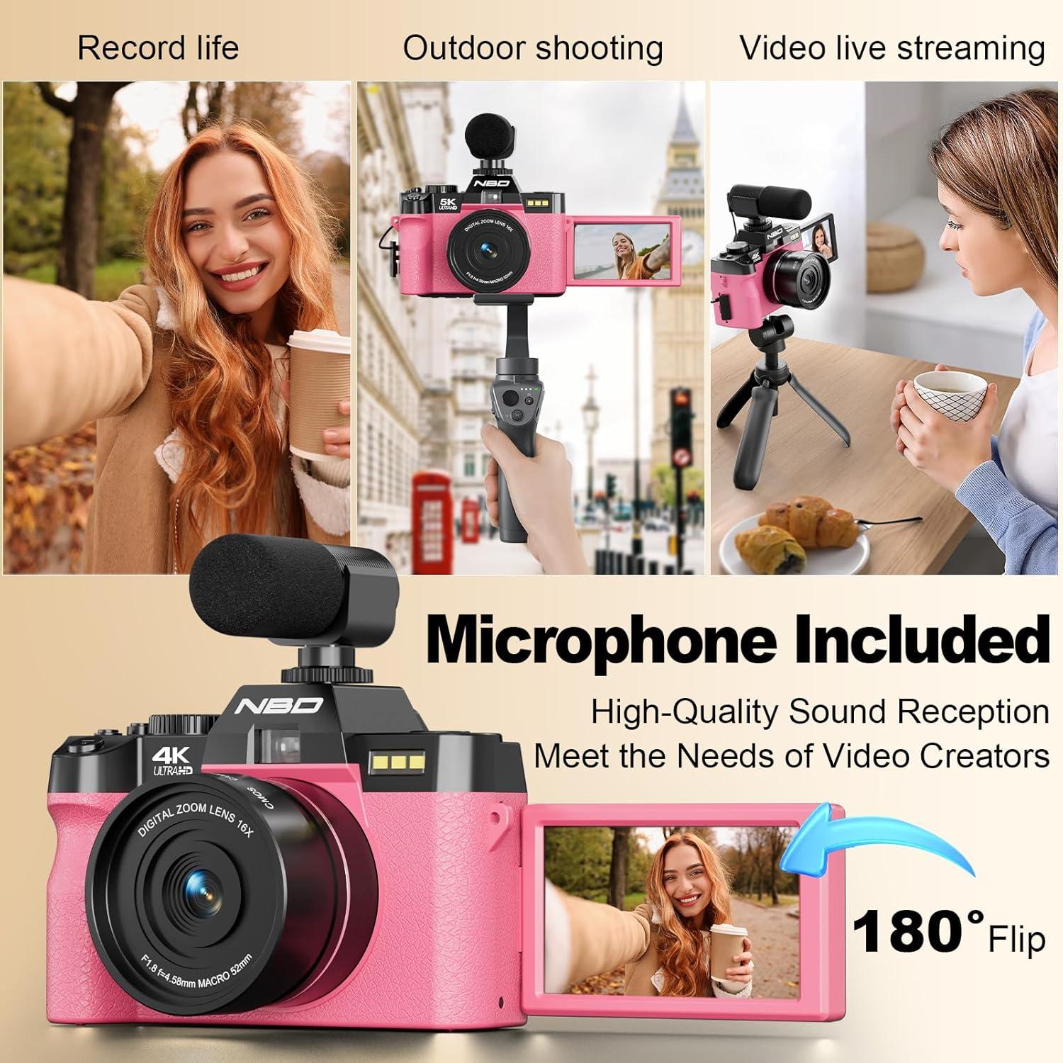 Cámara Digital NBD 48MP Rosa con Zoom 16X y Pantalla Flip