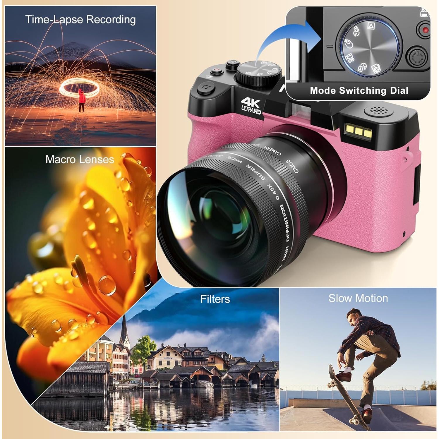 Cámara Digital NBD 48MP Rosa con Zoom 16X y Pantalla Flip