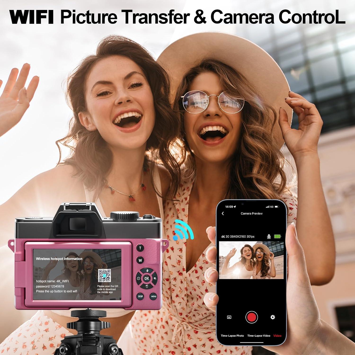 Cámara Digital NBD 48MP Rosa con Zoom 16X y Pantalla Flip